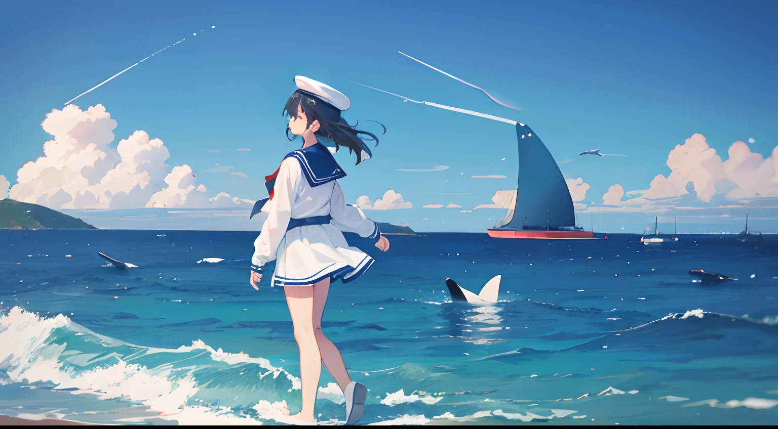 1girll，whales，End，the ocean，a sailor suit