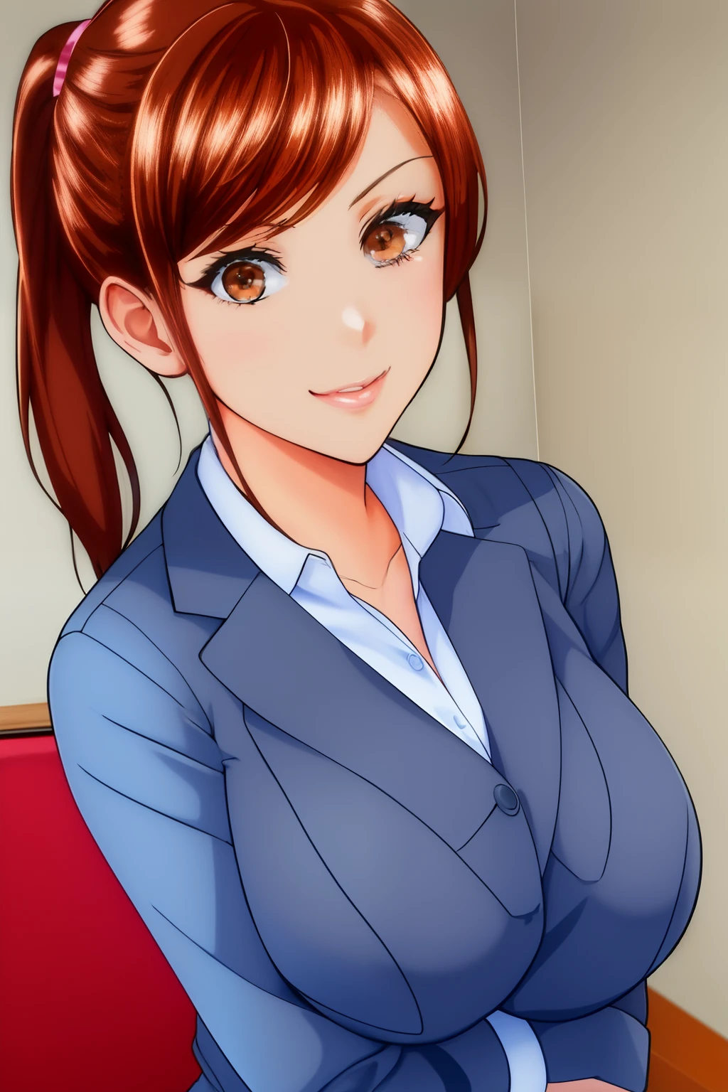 masterpiece, best quality, highest quality, perfect anatomy, highres, ultra-detailed, 8k wallpaper, texture, detail, unique, HDR, extremely detailed CG, Azuma Hisato, 1 girl, Solo, full body, standing, ponytail, brown_hair, Bangs, brown_eyes, 20yo, mature female, looking at viewer, smile, lewd face, (Beautiful,large_Breasts:1.4), (beautiful_face:1.5),(narrow_waist), office outfit, office uniform