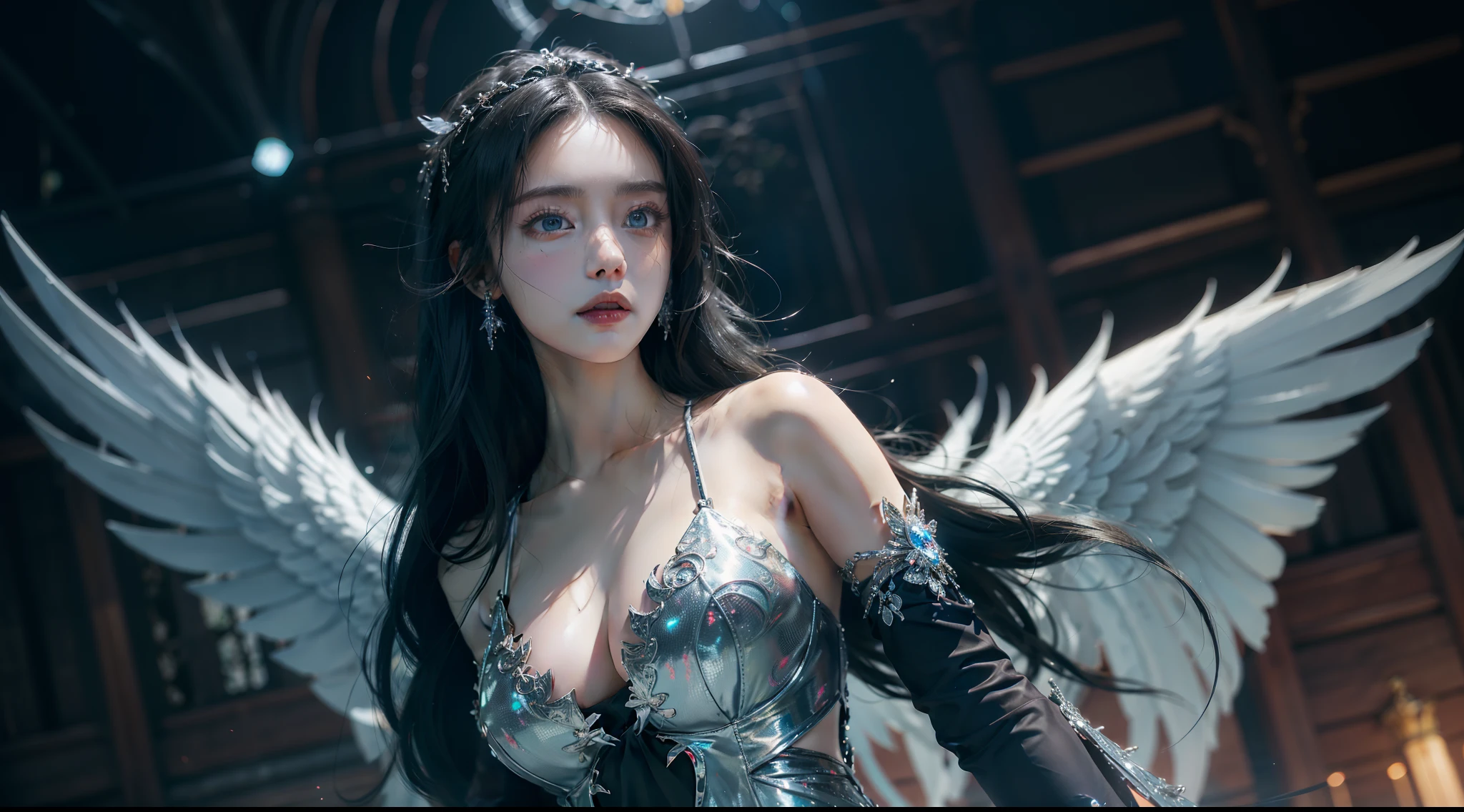 （（best qualtiy））， （（tmasterpiece））， （（Realistis））， （A detailed）， （realisticlying：1.5），illusory engine， (High detail: 1.9)，（femele：1.4），（big breasts beautiful： 1.4),(carismatic:1.3)， （Large breasts）， Female angel，Black feathered wings，beuaty girl，beauitful face， looking at viewert， dynamicposes， Church background，hdr， Ray traching， NVIDIA RTX， Hyper-Resolution， Unreal 5， sub surface scattering， PBR textures， Post-processing， Anisotropic filtering， depth of fields， Maximum clarity and sharpness， trichotomy，8K original，（Luminous Particle：1.4），（VerydetailedCG，Unity 8k壁纸，cinmatic lighting，lens flare glow），Reflectors，Sharp focus，black toga，Raised sexy