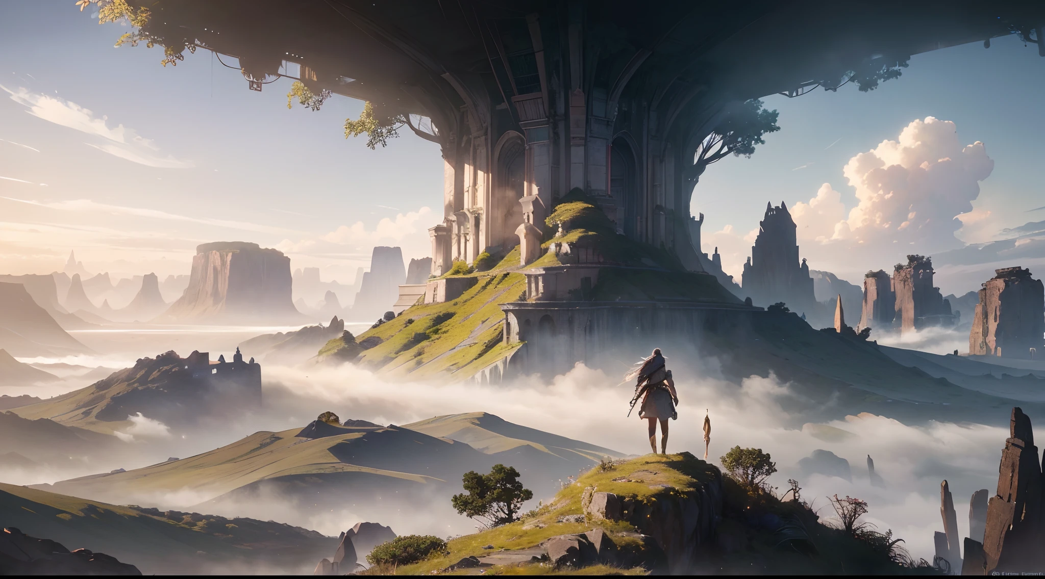 (by Greg Rutkowski: 1.2), (ultra-detailed CG unity 8k wallpaper, masterpiece, best quality, depth of field, HDR, intricate), delicate, Craft a mesmerizing and otherworldly realm, filled with vivid hues, majestic, and enchanting landscapes, (no human), sharp focus, post processing, impressive