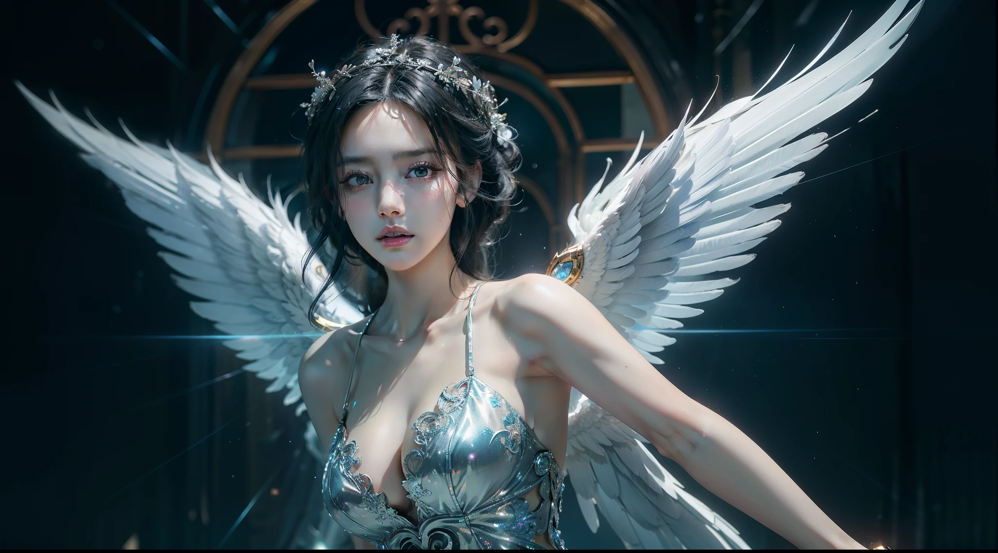 ((best qualtiy)), ((tmasterpiece)), ((Realistis)), (A detailed), (realisticlying:1.5),illusory engine, (High detail: 1.9),(femele:1.4),(big breasts beautiful: 1.4),(carismatic:1.3), (Large breasts), Female angel,Black feathered wings,beuaty girl,beauitful face, looking at viewert, dynamicposes, Church background,hdr, Ray traching, NVIDIA RTX, Hyper-Resolution, Unreal 5, sub surface scattering, PBR textures, Post-processing, Anisotropic filtering, depth of fields, Maximum clarity and sharpness, trichotomy,8K original,(Luminous Particle:1.4),(VerydetailedCG,Unity 8k壁纸,cinmatic lighting,lens flare glow),Reflectors,Sharp focus,black toga,Raised sexy