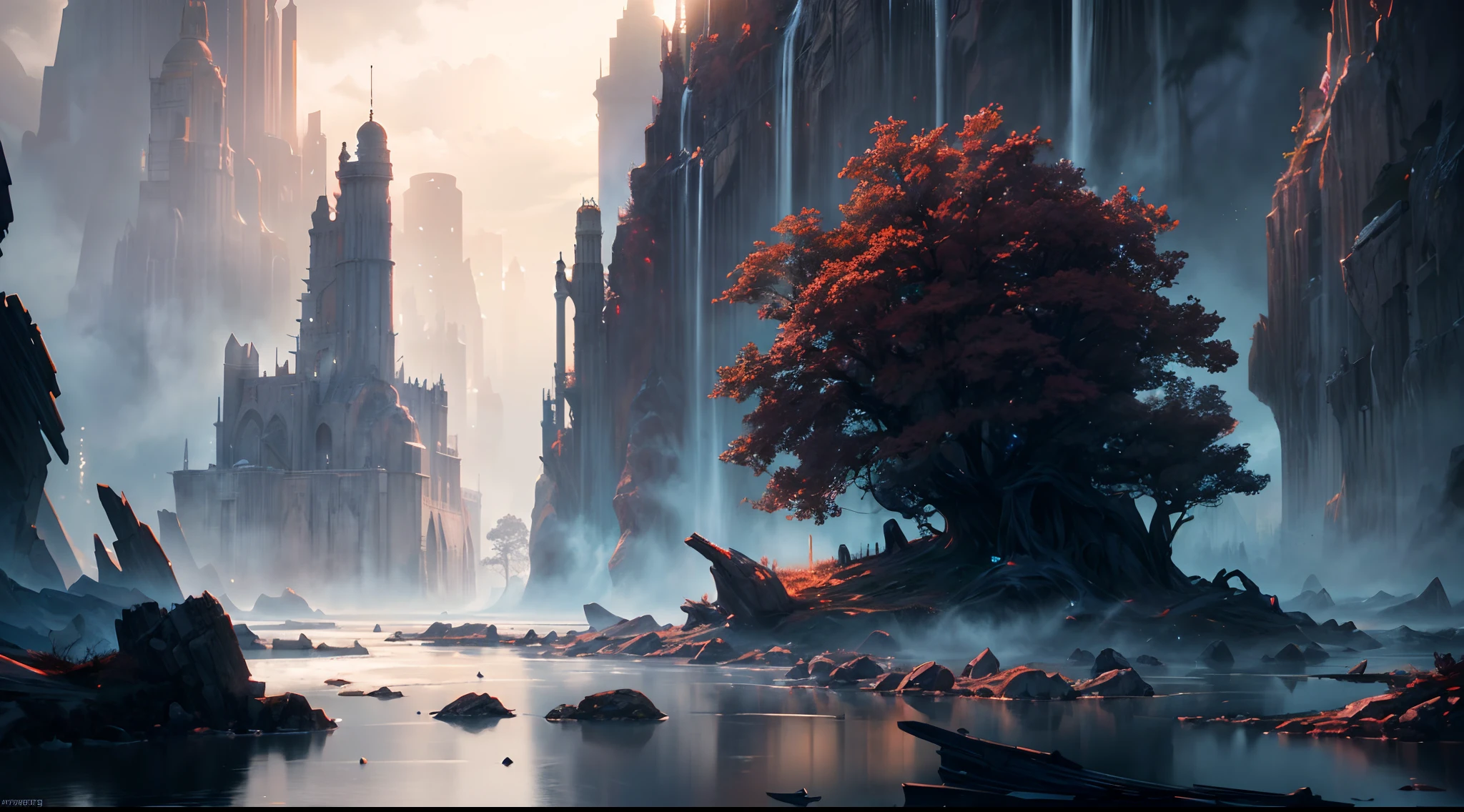 (by Greg Rutkowski: 1.2), (ultra-detailed CG unity 8k wallpaper, masterpiece, best quality, depth of field, HDR, intricate), delicate, Craft a mesmerizing and otherworldly realm, filled with vivid hues, majestic, and enchanting landscapes, (no human), sharp focus, post processing, impressive