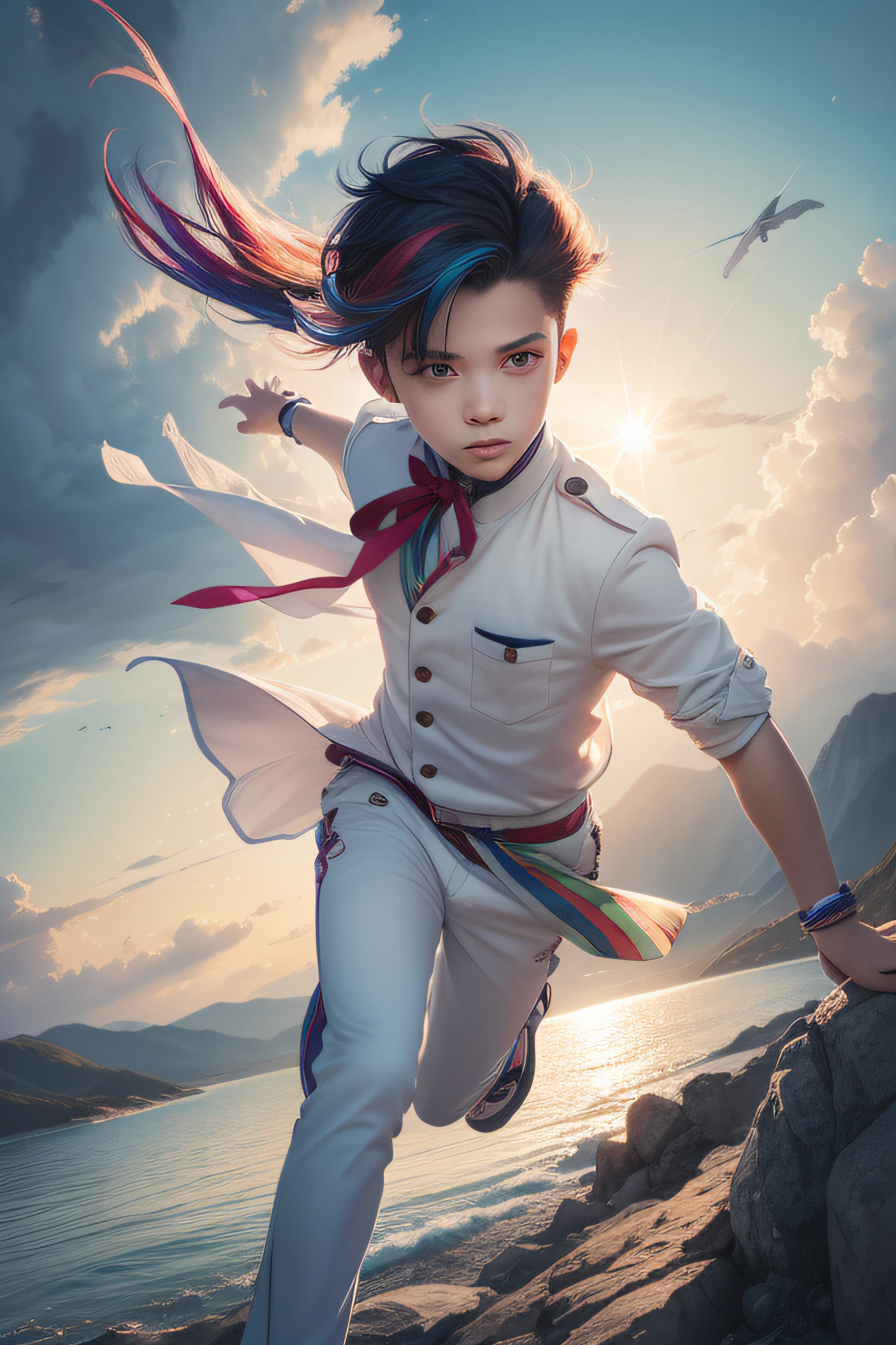 "An ultra-detailed illustration of a boy, showcasing dynamic angles and poses. The boy has vibrant multicolored hair (credibility: 1.3), wearing stylish white clothing with a neck ribbon. The artwork features a breathtaking background with twilight, clouds, and watercolor effects."