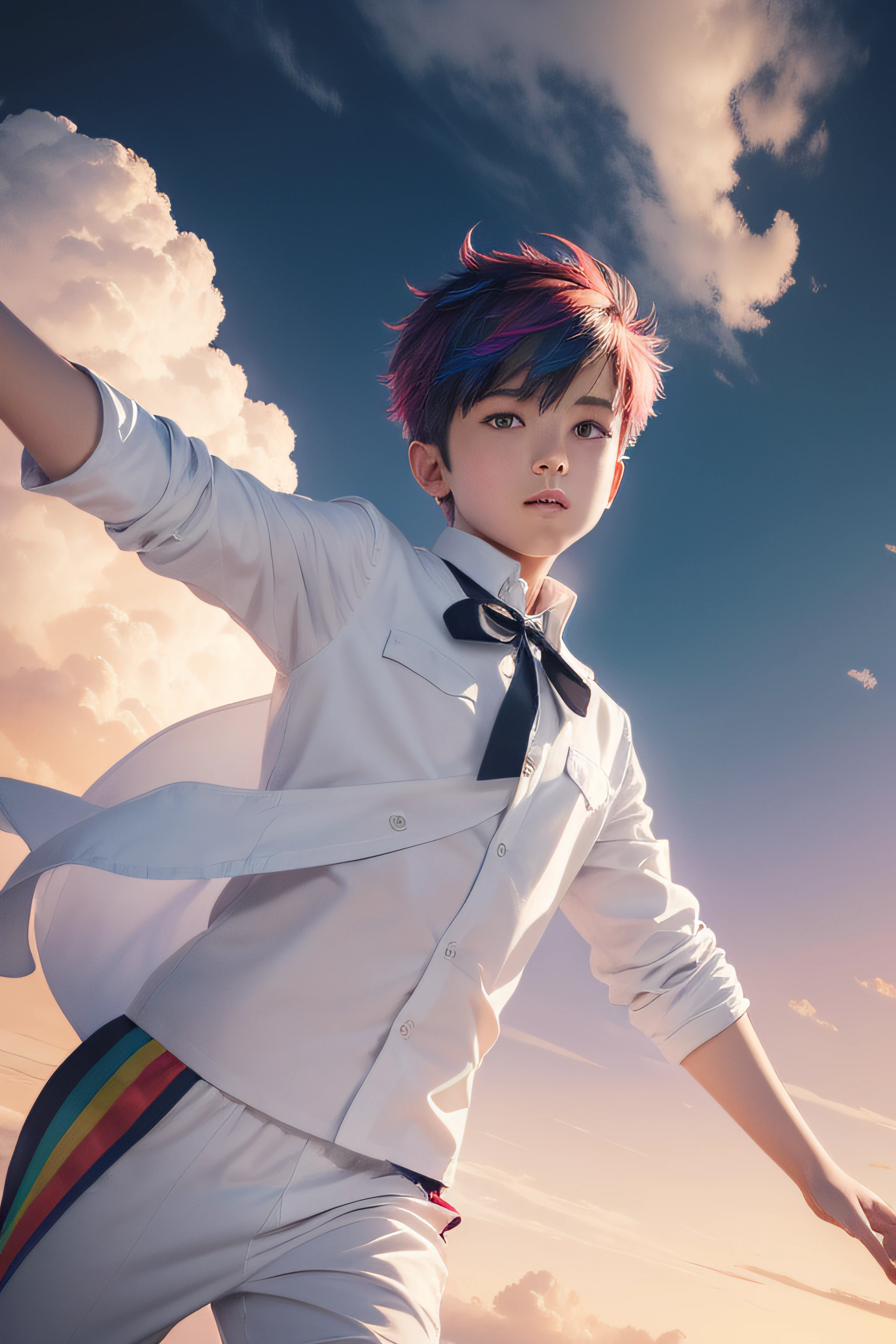 "An ultra-detailed illustration of a boy, showcasing dynamic angles and poses. The boy has vibrant multicolored hair (credibility: 1.3), wearing stylish white clothing with a neck ribbon. The artwork features a breathtaking background with twilight, clouds, and watercolor effects."