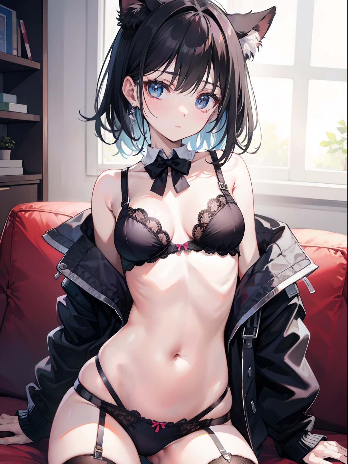Black fishnet stockings are worn on her legs，Wear a black bra on the upper body