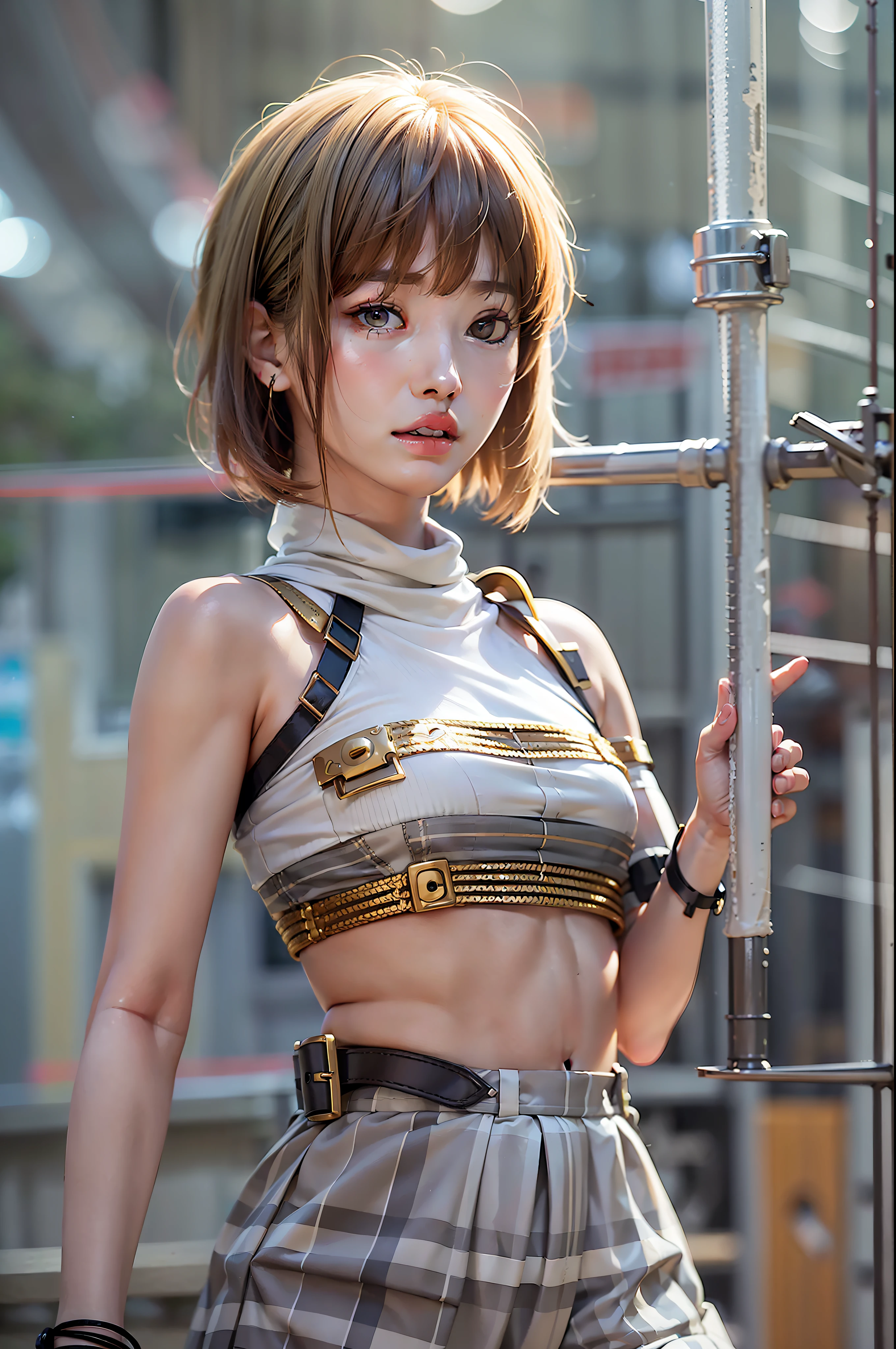 (RAW photo:1.2), (photorealistic:1.4) (masterpiece:1.3) (best quality:1.4), ultra high res, (de tailed eyes) (detailed facial features) (detailed clothes features) HDR,8k resolution, solo focus, bangs, skin tight, (shiny skin), (slender girl), dreamlike, (extreme detailed illustration), virtual world scenery, VirtualGirl-Rin, small breasts, bob hair, short hair, brown hair, brown eyes, 1girl, upper body, White super tight translucid mini skirt, armored short sleeve crop top