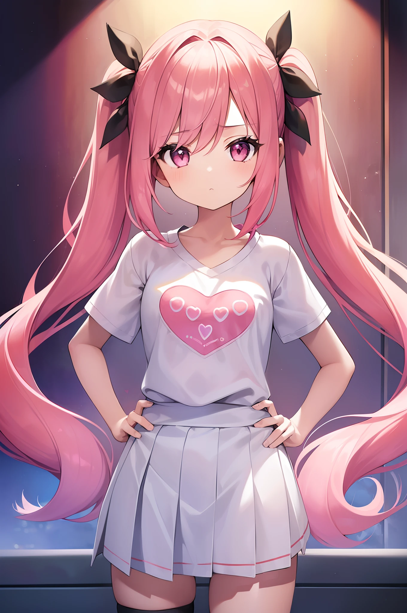 1girl. pink hair.long hair.twintails.{}.short stature.small breast.white t-shirts.skirt. (((masterpiece))).(((best quality))).)((ultra-detailed))).(((illustration))). (((put your hands on your hips))).(((night view))).(((Heart on chest))).make a fist.