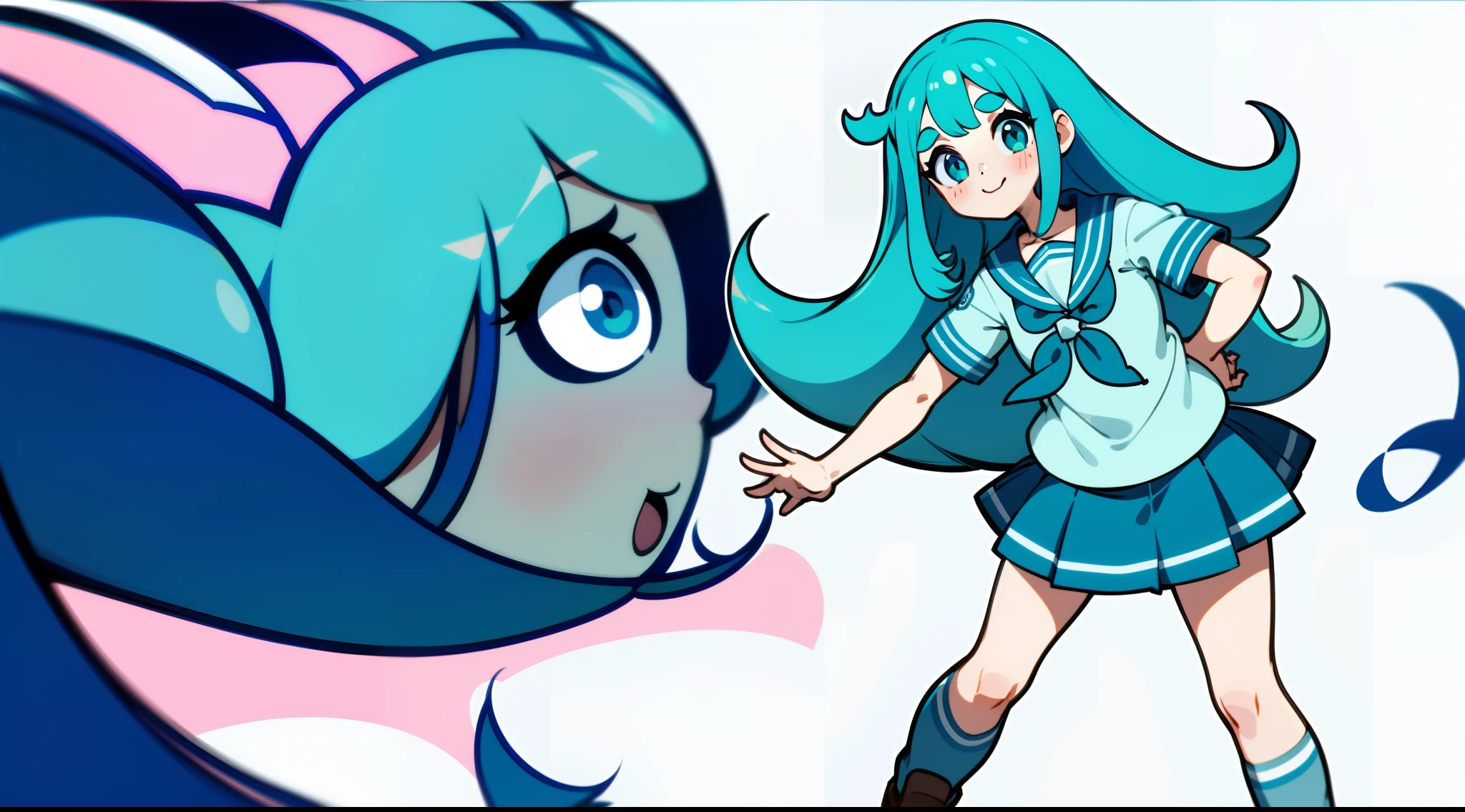 1girl, Cabello Aqua, flequillo, Cuello marinero azul, falda azul, brown footwear, :3, Eyebrows Visible Through Hair, cuerpo completo, Irregular line, Cabello largo, mirando al espectador, Neckerchief, ojos rosados, Collar de marinero, uniforme escolar, Serafuku, camisa, Calzado, manga corta, falda, They are smiling, solamente, camisa blanca, dynamic pose