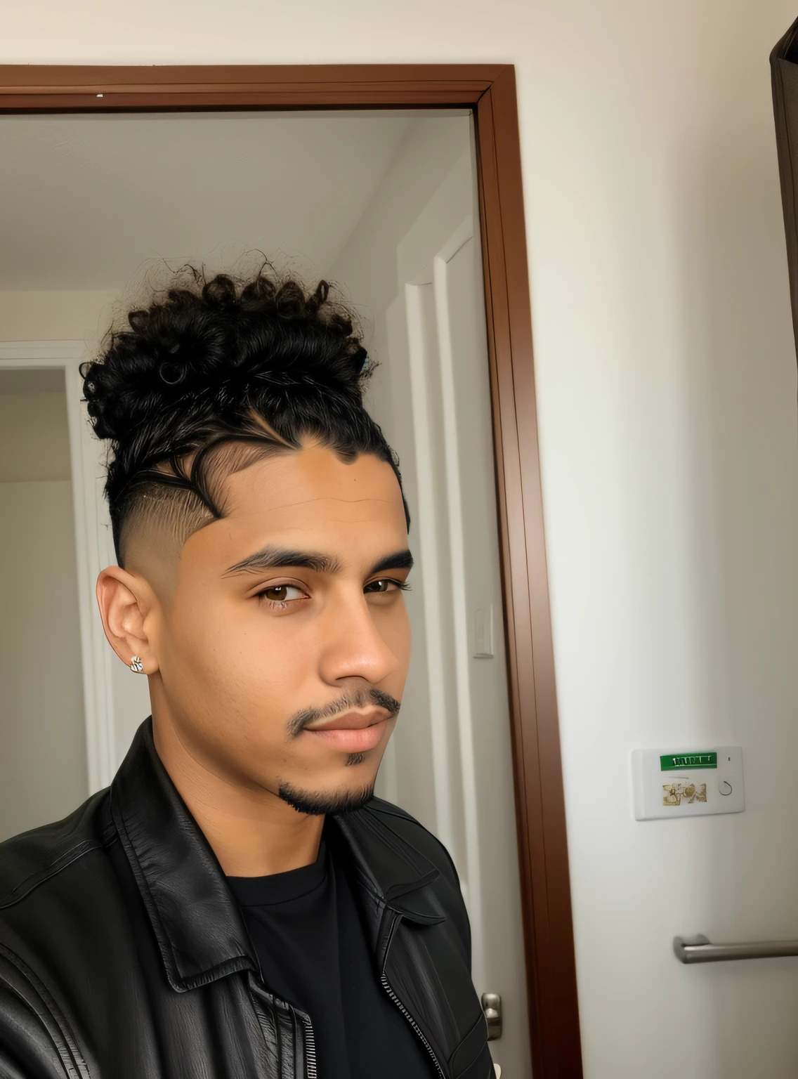 There's a man in a black jacket and a black shirt, curls on top of his head, cachos por cima, um homem negro com longos cabelos cacheados, em torno de 1 9 anos, short hair on top of his head, com cabelo e pele texturizados, cabelos cacheados e curtos, Frente cheia, com um moicano, com afro, com longos cabelos cacheados