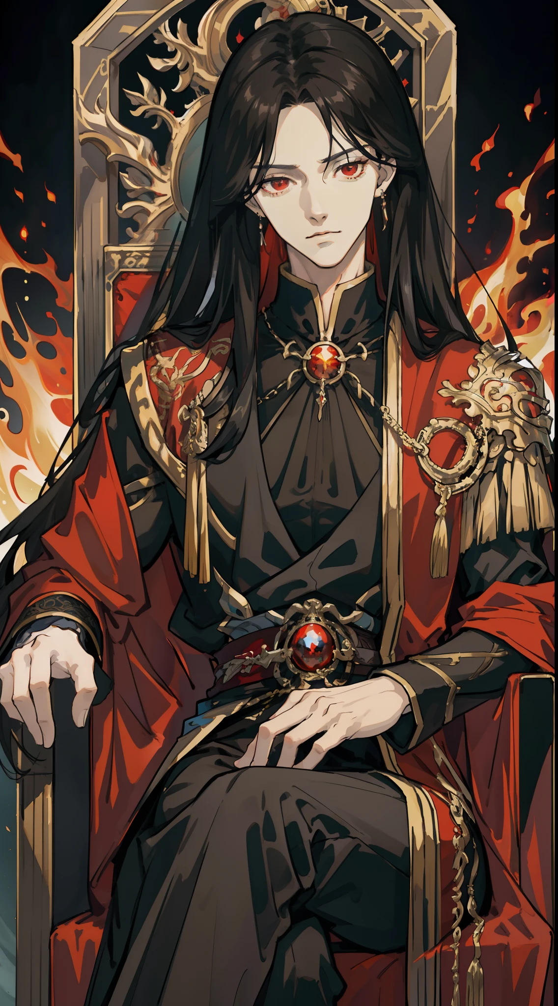 masterpiece, best quality, 1 male, adult, handsome, tall muscular guy, broad shoulders, finely detailed eyes and detailed face, extremely detailed CG unity 8k wallpaper, intricate details, long black hair, red eyes, fantasy, magnificent background, throne, magic effect, flame, depth of field, perfect face