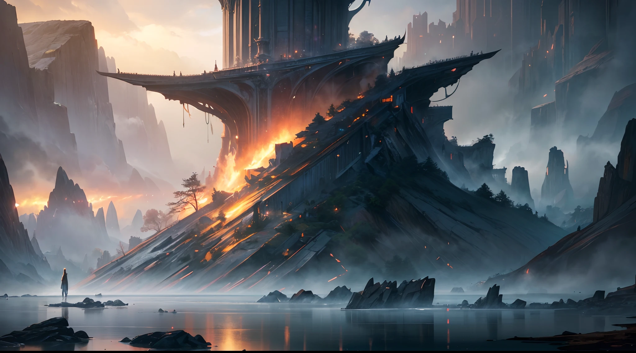 (by Greg Rutkowski: 1.2), (ultra-detailed CG unity 8k wallpaper, masterpiece, best quality, depth of field, HDR, intricate), delicate, Craft a mesmerizing and otherworldly realm, filled with vivid hues, majestic, and enchanting landscapes, (no human), sharp focus, post processing, impressive