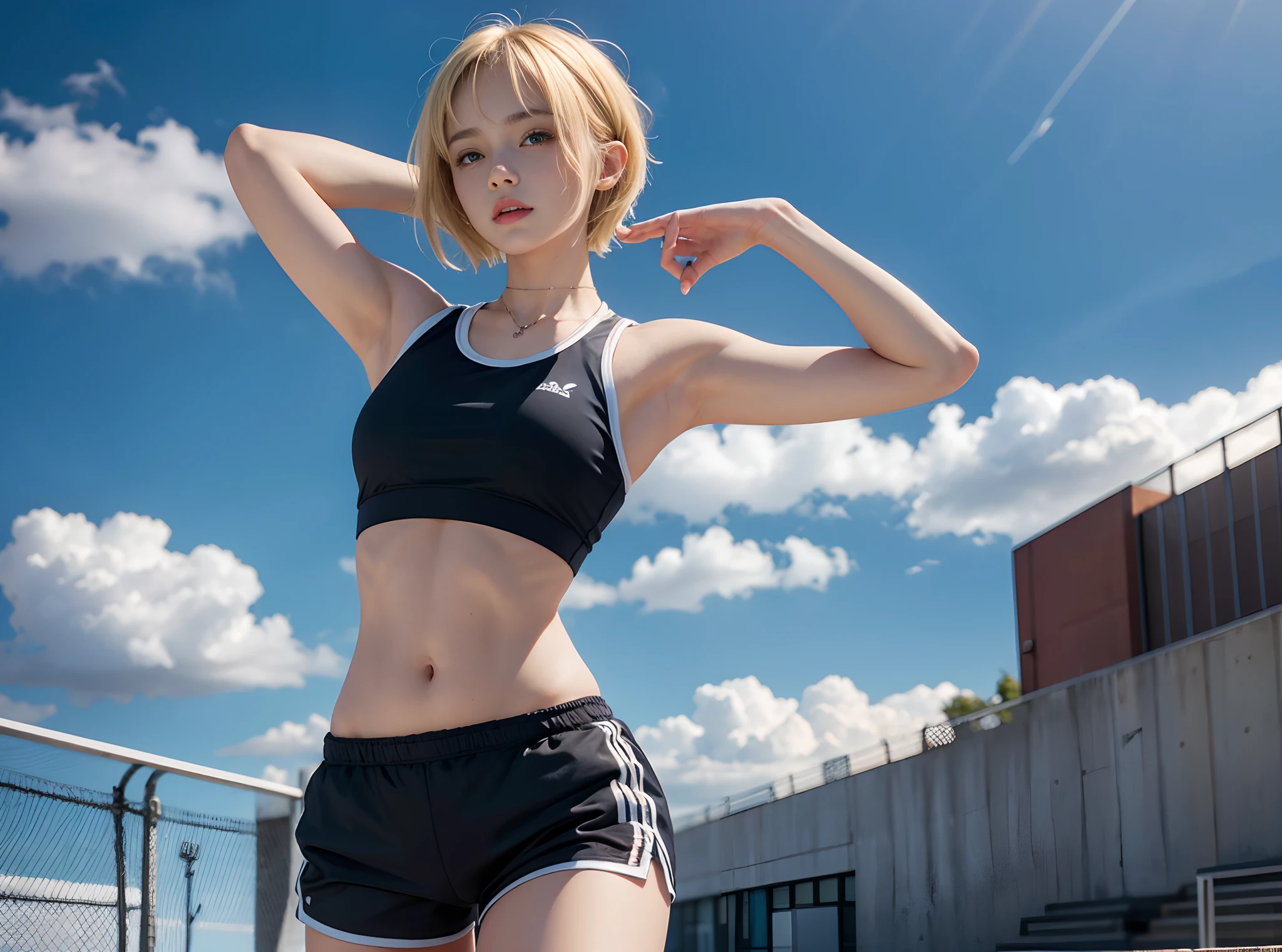 1girl, solo, sport clothes, armpit, short hair, blonde hair, short pants, good anatomy, masterpiece, 4k