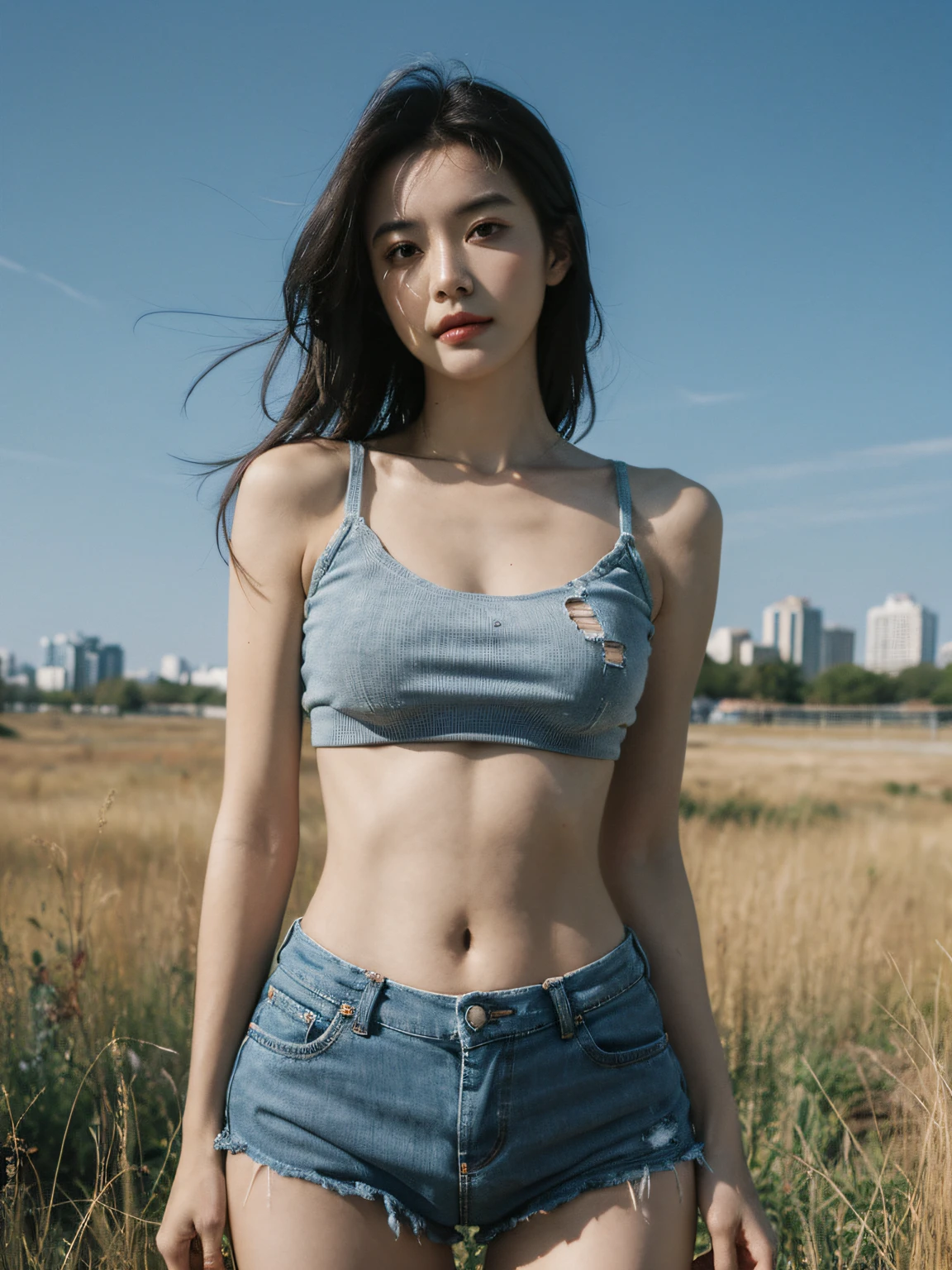 (8K, RAW photo, Photorealistic: 1.25),16k,Beautiful skyline:1.5, Large grasslands:1.5, A girl in torn crop top and distressed blue denim short shorts, Perfect body: 1.4, Slim abdomen: 1.2, gigantic cleavage breasts,