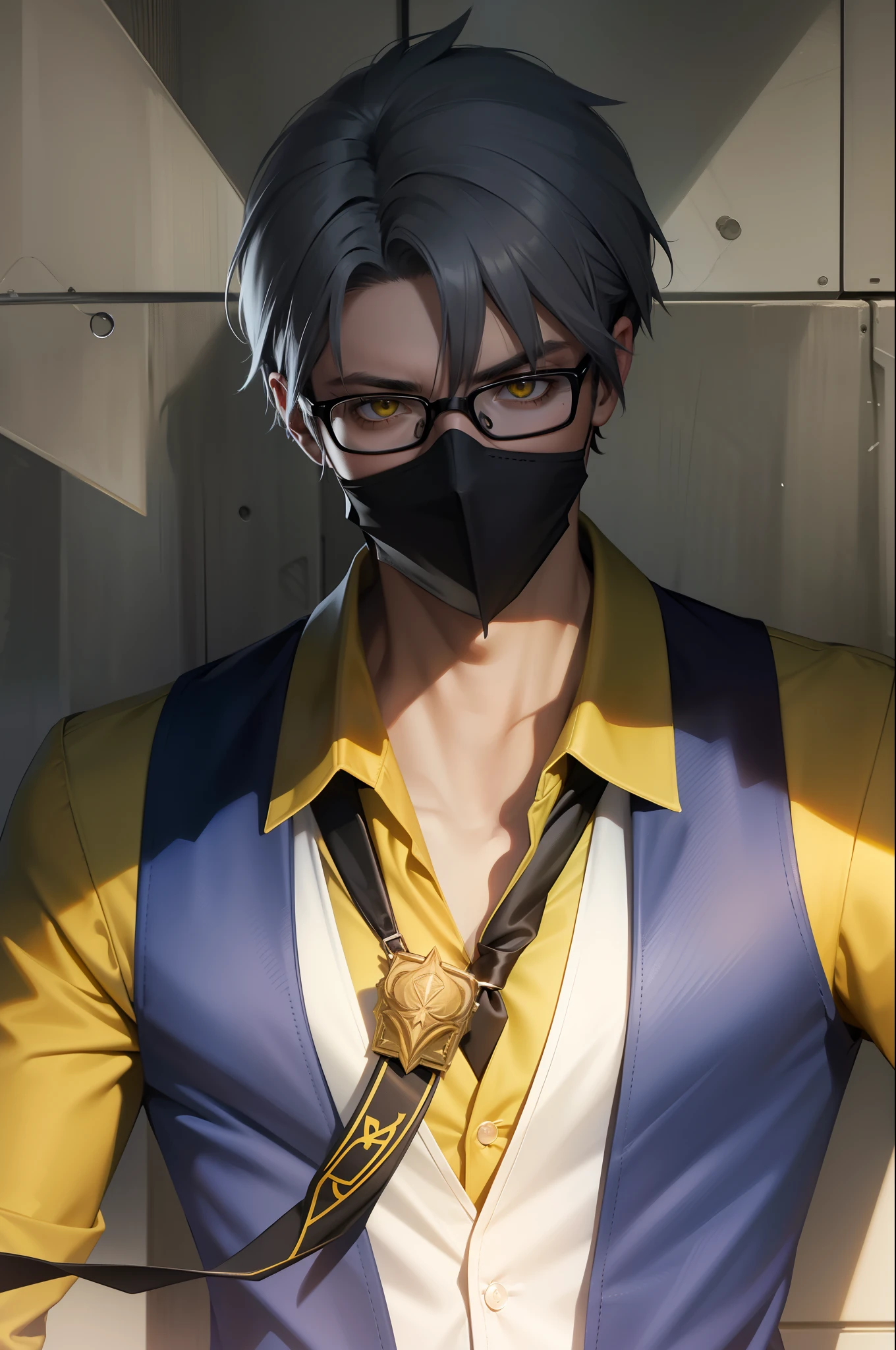 "Edgy dude with the badass attitude, light yellow eyes, glasses, handsome teacher, shirt, elegant tie, and mouth mask."