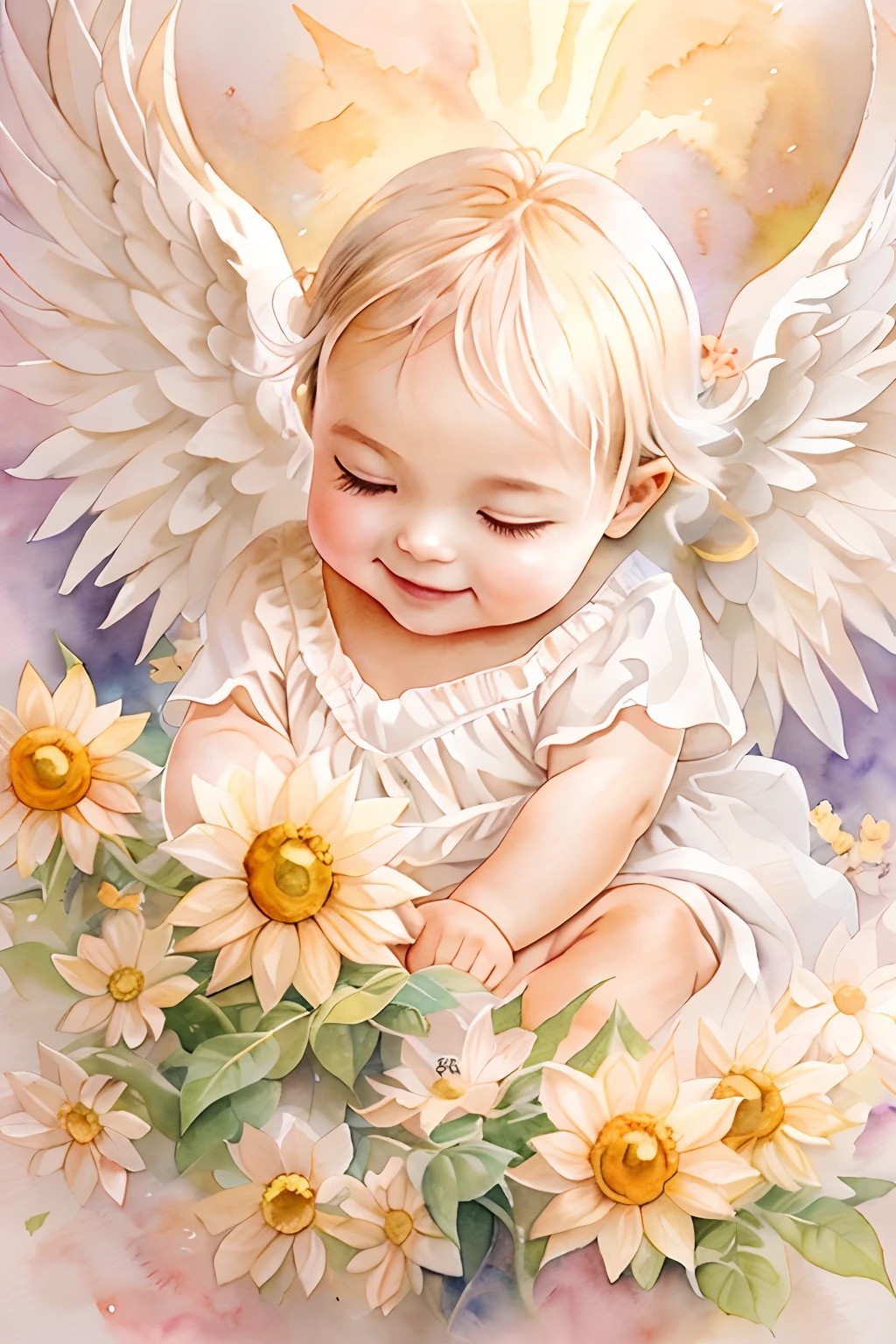 Blessings of Angels、Bright background、heart mark、tenderness、A smile、Gentle、 Angel、watercolor paiting、Sun flower