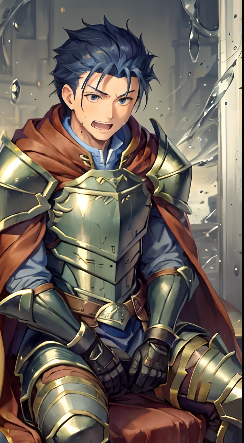 Hector Fey, 独奏, looking at viewert, Teasing laughter, Open your mouth,drools,perspire,Drenched,Get wet,mitts, 1 man, Male focus, sit astride(sit on chair),Cloak, Armour, Shoulder armor, look from down