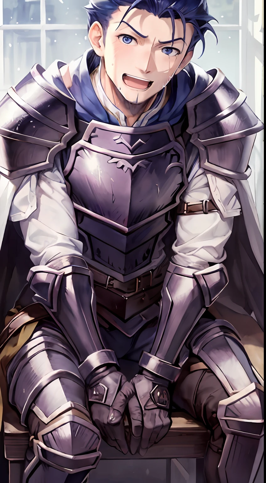Hector Fey, 独奏, looking at viewert, Teasing laughter, Open your mouth,drools,perspire,Drenched,Get wet,mitts, 1 man, Male focus, sit astride(sit on chair),Cloak, Armour, Shoulder armor, look from down