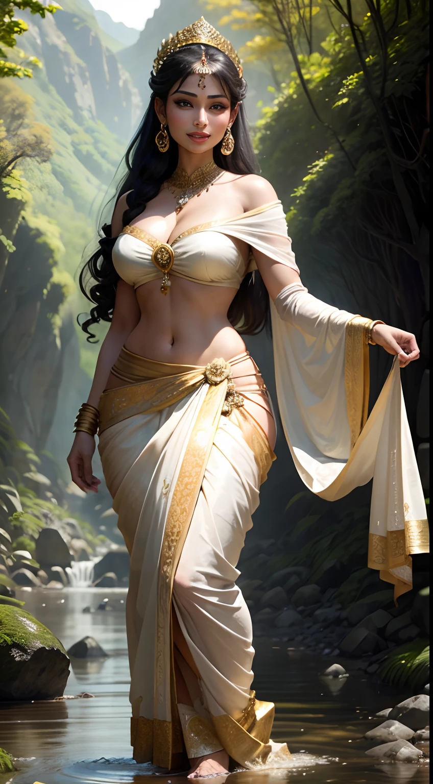 Mouni Roy, as an Apsara, standing in a forest, beside a river, voluptuous, wide hips, flowers in hand, dark brown braided hair, beautiful, wearing a white strapless bra and a full saree, wearing heavy gold ornaments, big smile, full body, front view, head to toe, mountains in background, full light on face, photorealistic, High resolution