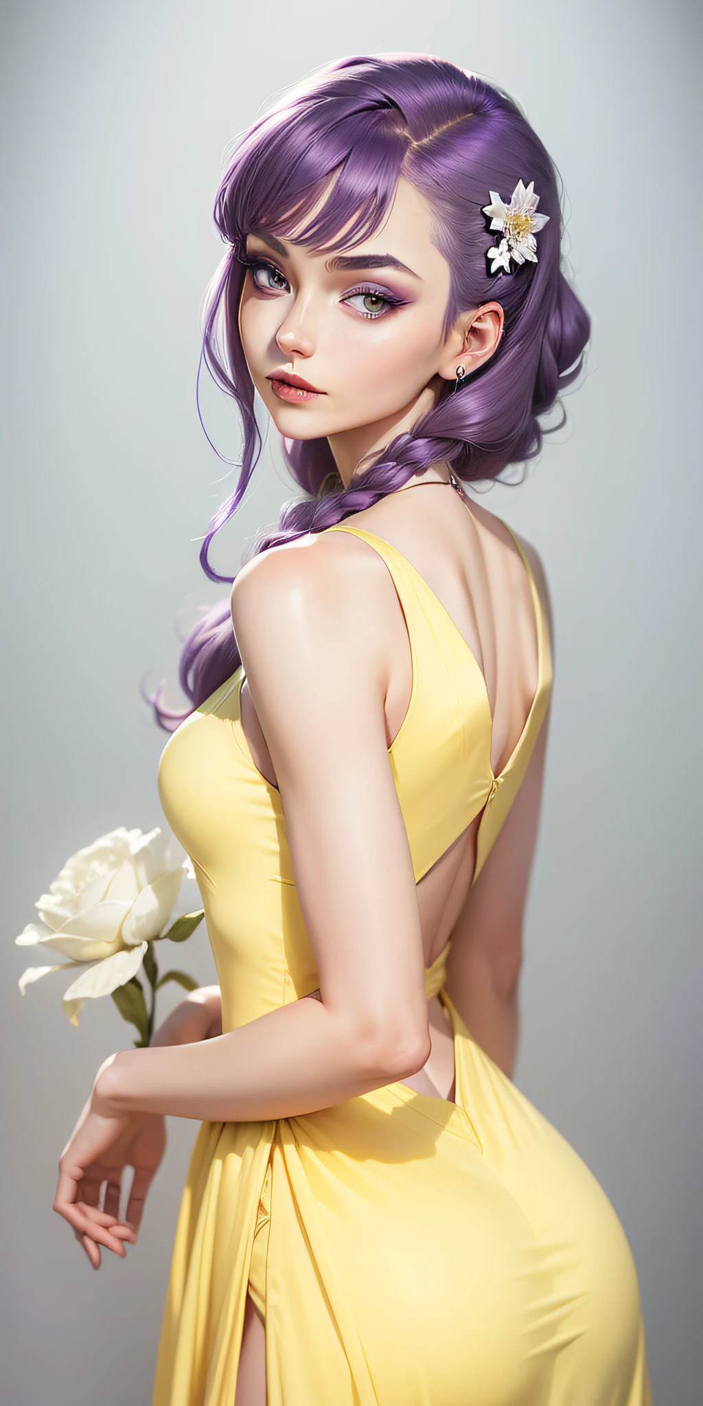 A woman in a purple evening dress,Minimalist style,Wear an elegant evening dress,Soft purple,Delicate makeup,Purple style,modern fashion outfit, Neutral tones,Purple colored hair, Purple and white color scheme, Beautiful dress, Pretty face, Exquisite makeup, 22 year old, adult face, long hair, ((purple hair))
