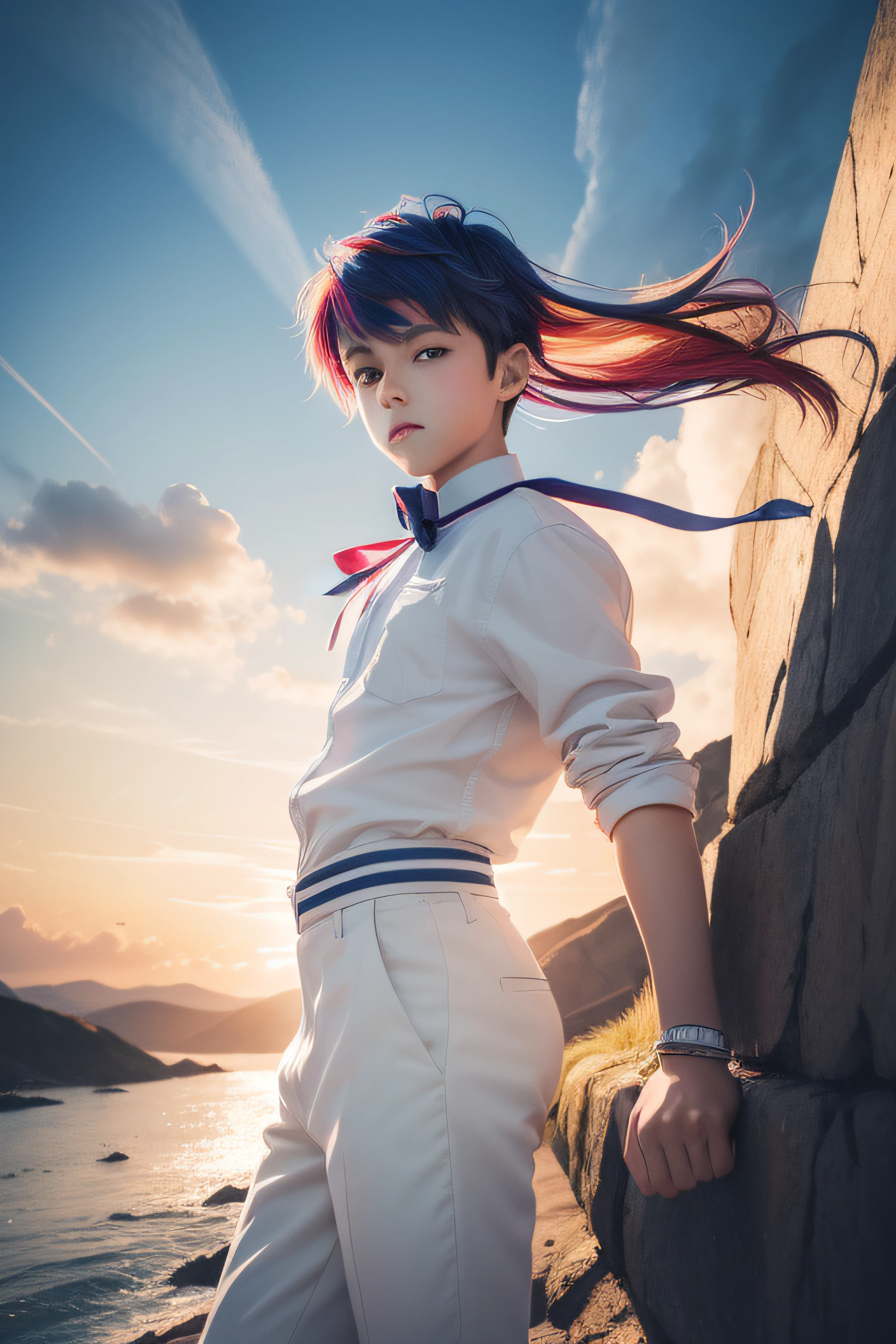 "An ultra-detailed illustration of a boy, showcasing dynamic angles and poses. The boy has vibrant multicolored hair (credibility: 1.3), wearing stylish white clothing with a neck ribbon. The artwork features a breathtaking background with twilight, clouds, and watercolor effects."