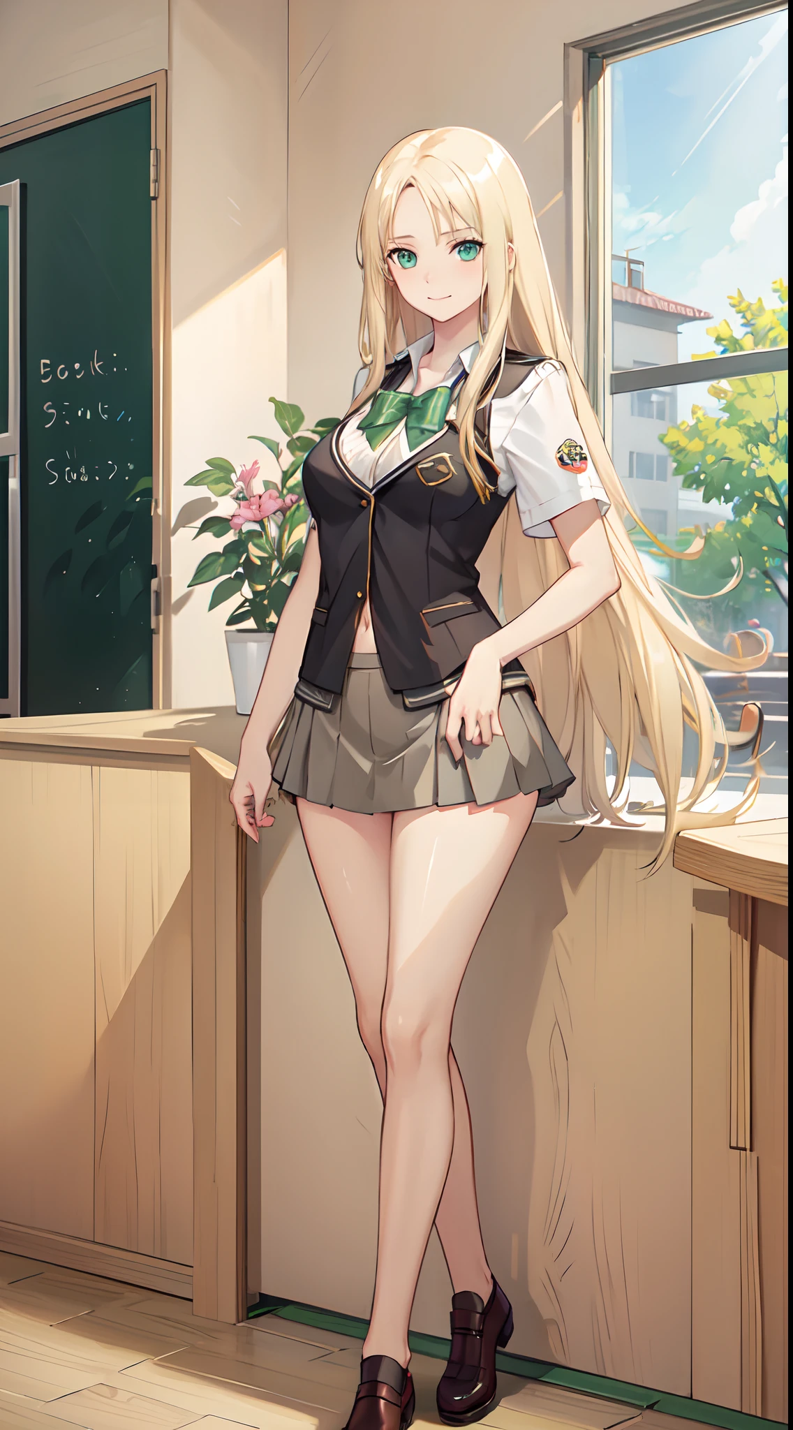 blonde hair, long hair, green eyes, happy, school uniform, short skirt, medium breast, cleavage, classroom, slim legs, navel, open clothes