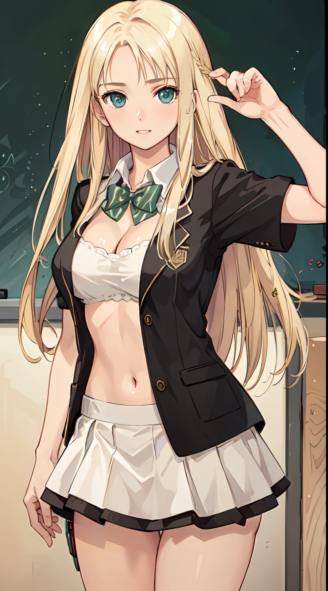 blonde hair, long hair, green eyes, happy, school uniform, short skirt, medium breast, cleavage, classroom, slim legs, navel, open clothes