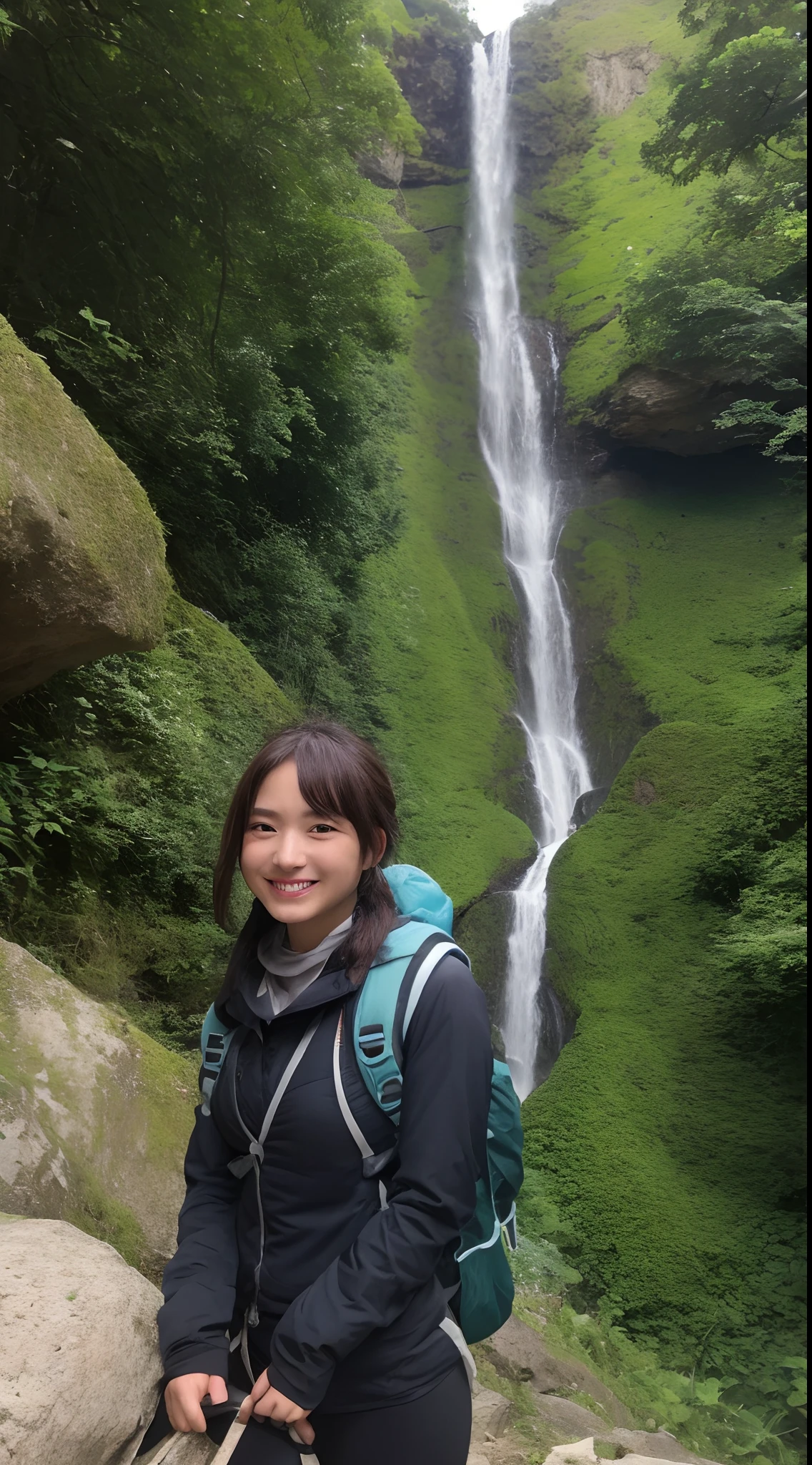 mountain climbing、Very big waterfall in the background、Otaki Climb、Emerald green waterhole、hiking boots、Refreshing Stream、(top-quality、8K、masterpiece:1.3))、full body Esbian、long legged、Beautiful woman with perfect body shape:1.4、A slender、dark brown hair、Mountaineering Wear、Highly detailed facial and skin texture、A detailed eye、二重まぶた、a smile、Beautiful breasts、Less exposure、backpack、poneyTail、Sawa tabi、helmets、Climbing rope、helmets、