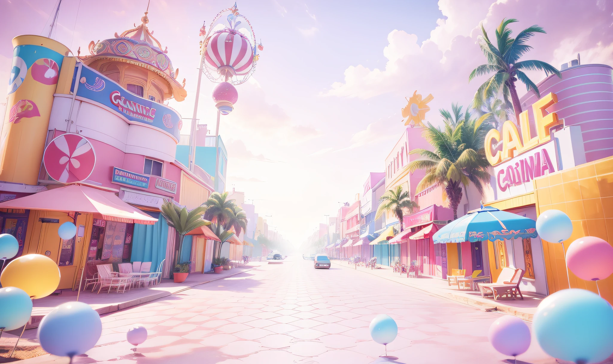 Paradise world/Carnival City,3Drenderingof,Dopamine Mood Paradise,Summer carnival style,Lovely and sophisticated building,shop,Premium texture,high-class details,Studio lights