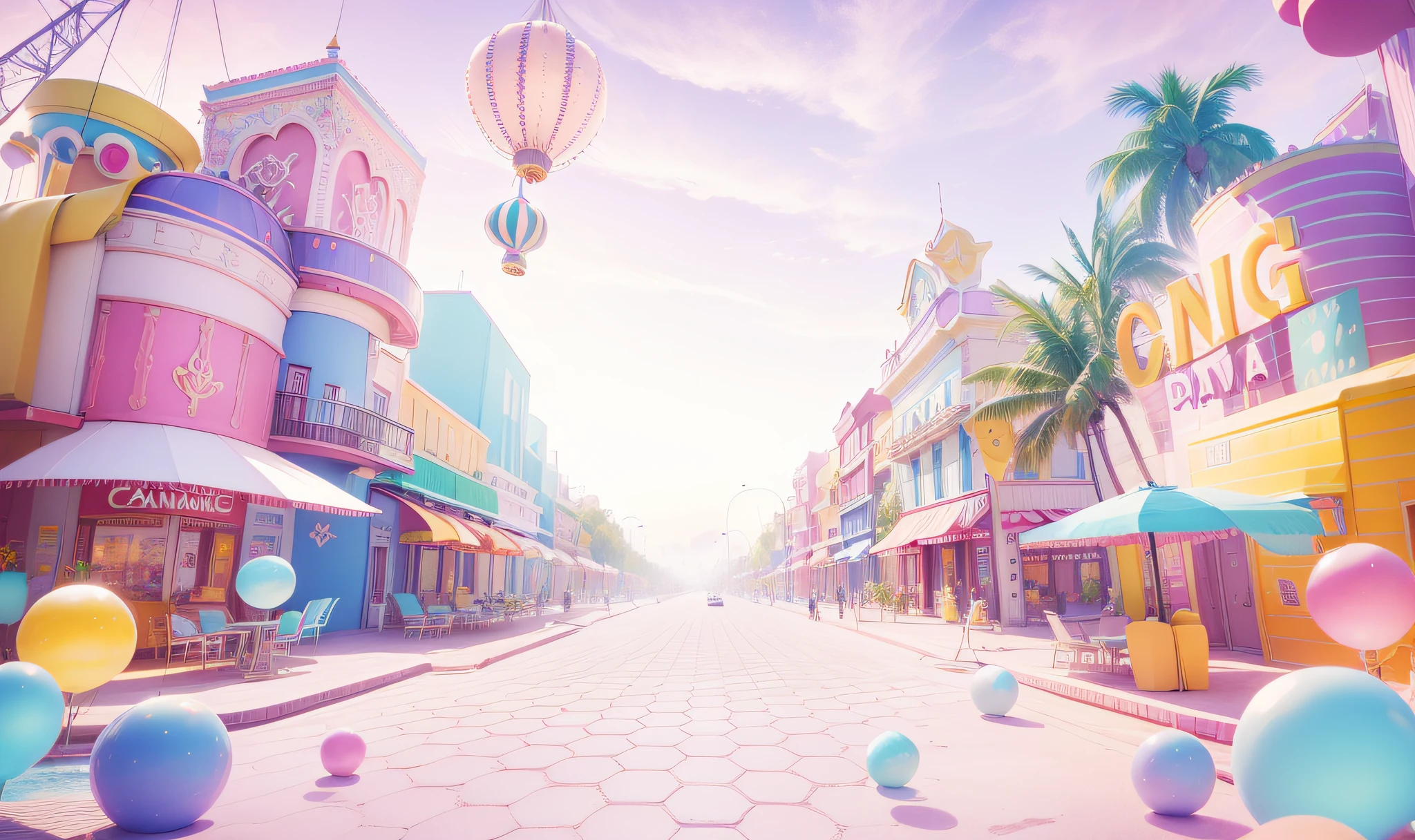 Paradise world/Carnival City,3Drenderingof,Dopamine Mood Paradise,Summer carnival style,Lovely and sophisticated building,shop,Premium texture,high-class details,Studio lights