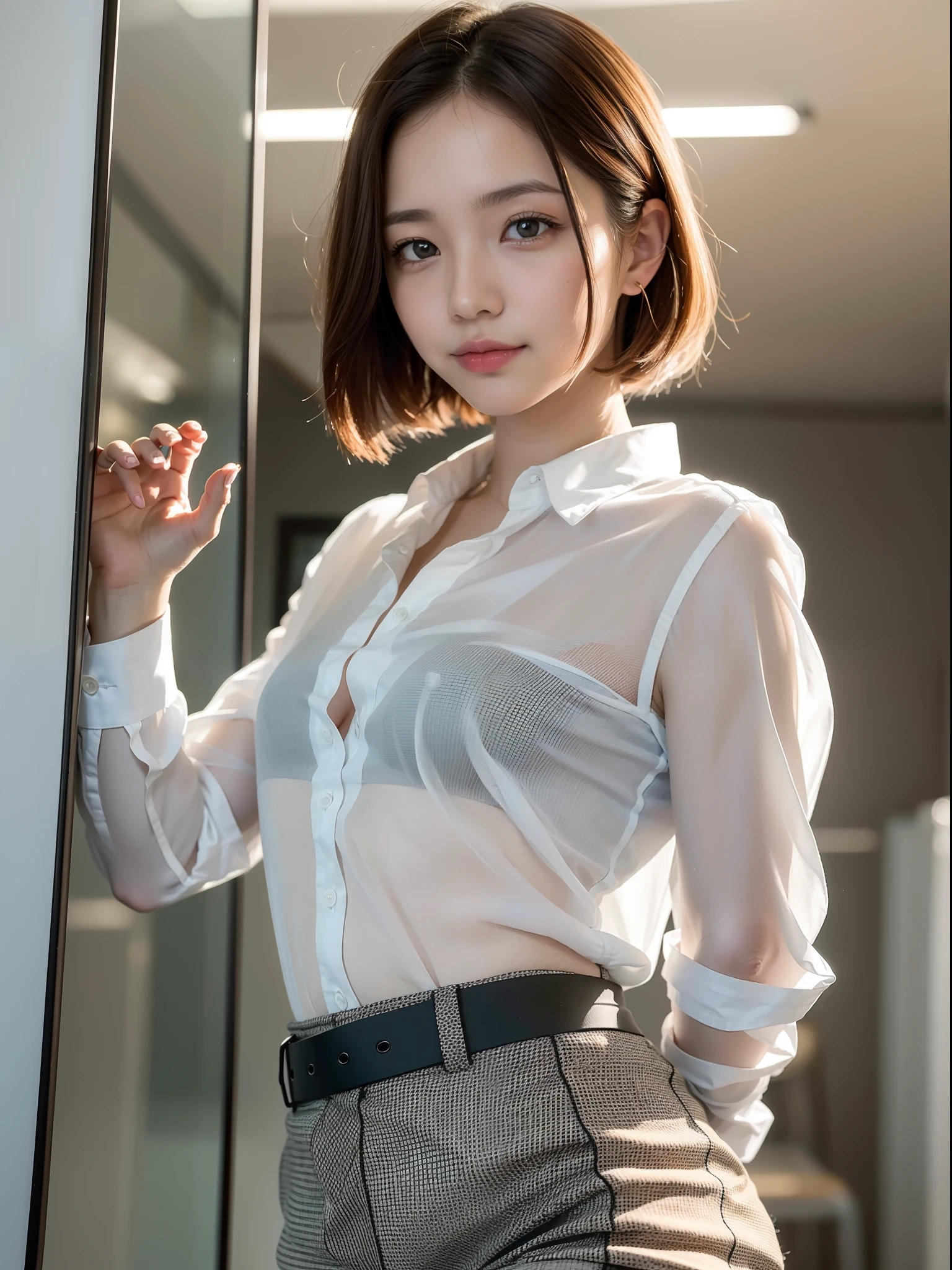((top quality, 8k, masterpiece: 1.3, raw photo)), Sharp Focus: 1.2, (1 aespa girl :1.2), (SOLO), (Realistic, Photorealistic: 1.37), (face focus: 1.1), cute face, ultra detailed face, small breasts, flat chest, short messy hair, (standing, business shirt, thighs: 1.2), (sheer fabric), small smile, from below, office room, sunlight, movie lighting