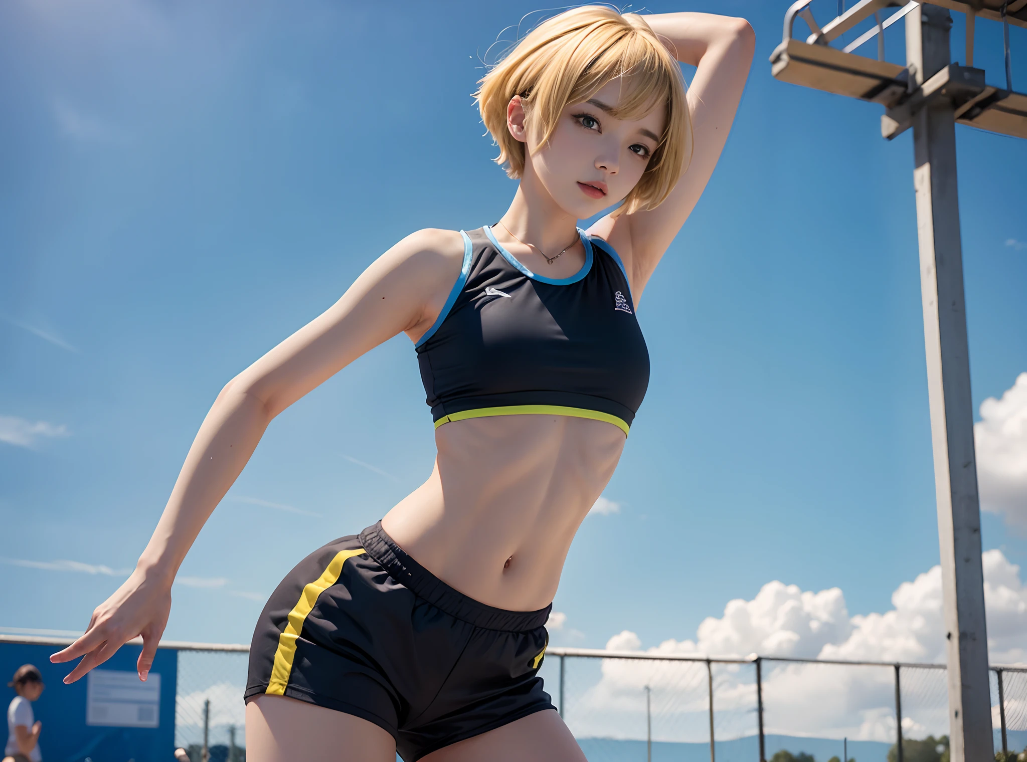 1girl, solo, sport clothes, armpit, short hair, blonde hair, short pants, good anatomy, masterpiece, 4k