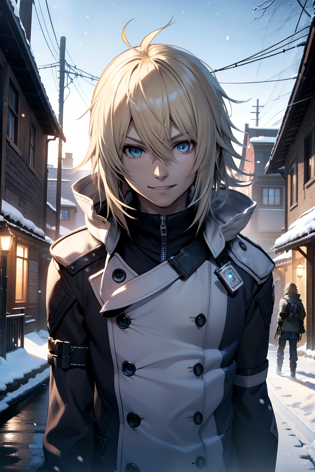 man, long blonde hair,r, blue eyes, Final Fantasy XIII Snow villers, Looking at Viewer. in a snowy village, at night, smiling, looking at the viewer, 4k, best quality