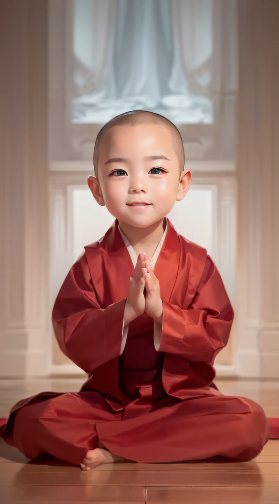 Close-up of a little girl sitting on the floor in a monk's robe, lovely digital painting, monk clothes, avatar aang, he is greeting you warmly, Buddhist, aang, yanjun cheng, concept art of a monk, monk, wojtek fus, buddhist monk, beautiful avatar picture, Yan, Little girl in nun dress, author：Yu Zheding