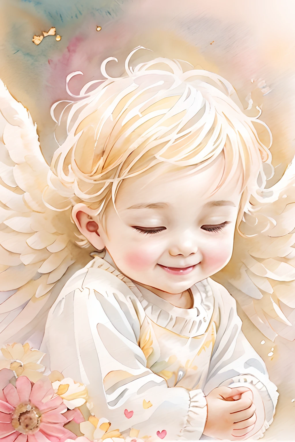 Blessings of Angels､Bright background、heart mark、tenderness､A smile、Gentle､Baby Angel、watercolor paiting、himawari