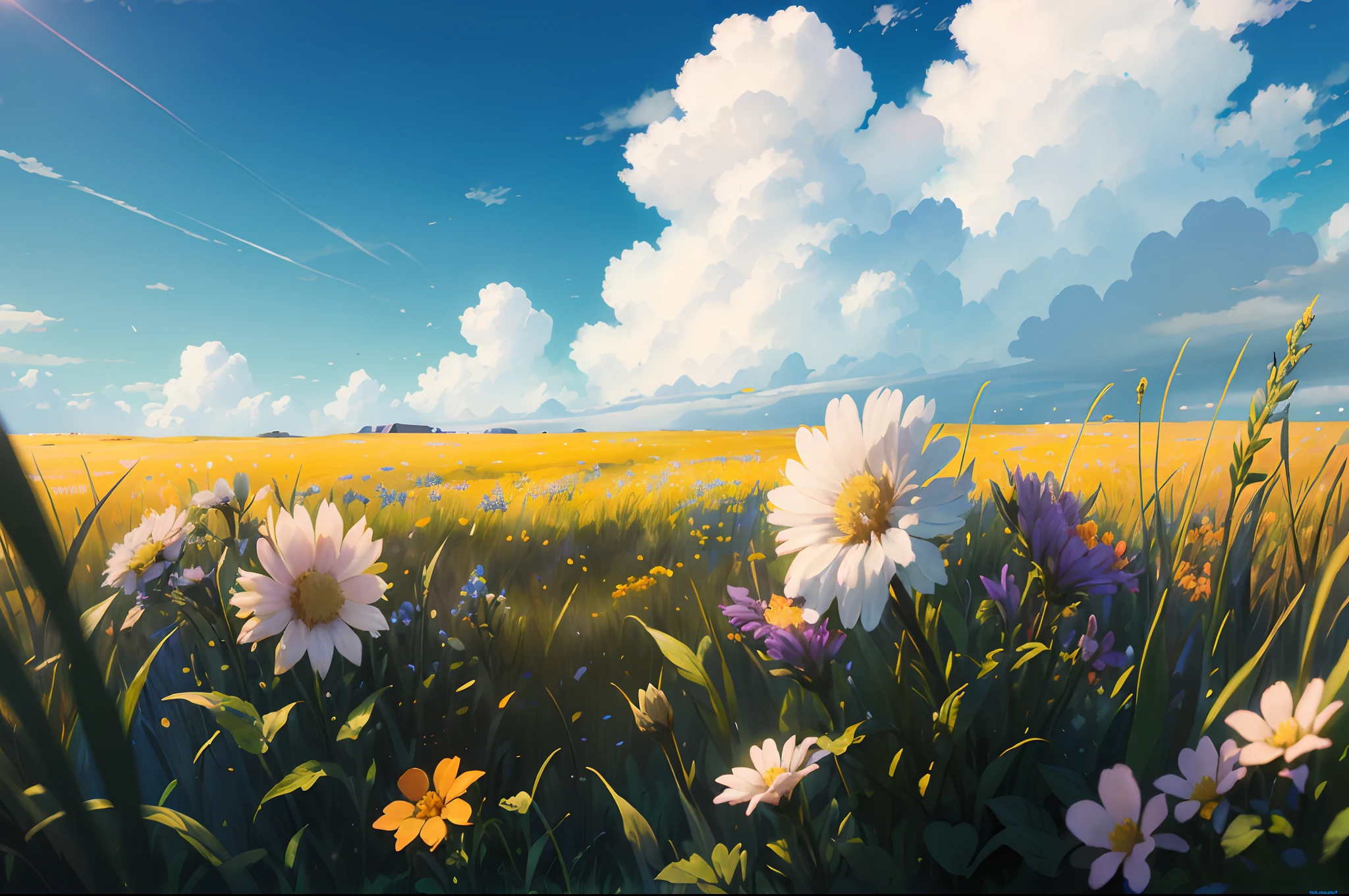 (Summer prairie),(few small flowers),(large clouds),(deep field focus bokeh),(surrealism),(hyper-detail),(soft light),(ray tracing),(cinematic), (blue sky:1.3),(hot weather:1.1),(8k detail)