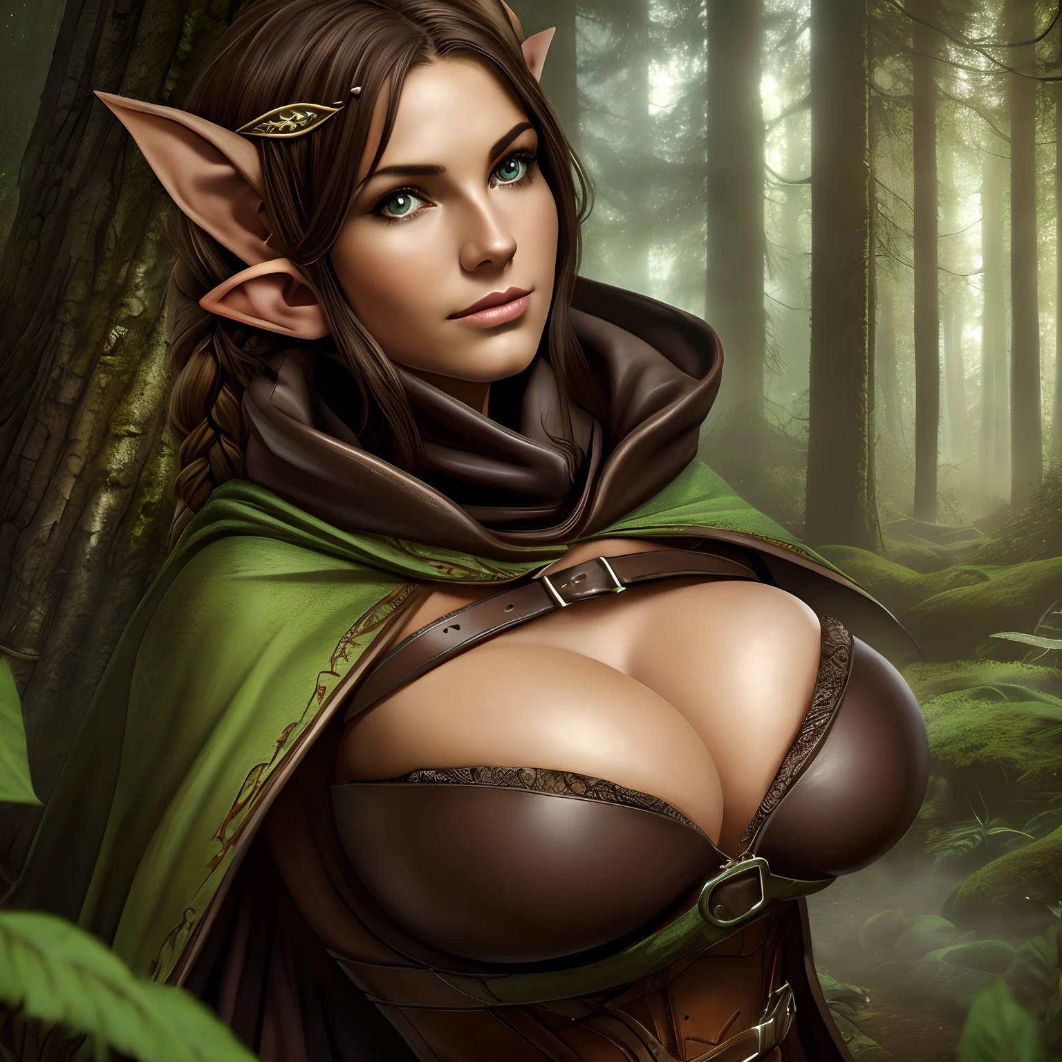 (masterpiece, top quality, best quality, official art, beautiful and aesthetic:1.2), (1girl:1.3), dark brown hair in a single braid, extremely detailed, portrait, looking at viewer, solo, (full body:0.6), detailed background, close up, cat eyes, (warm summer forest theme:1.1), (elf) ranger, charlatan, smirk, mysterious, walking in forest, revealing ranger attire, brown leather, cowl, cloak, corset, long boots, buckles, straps, pouches, bow and arrow, green fabric, brown leather, ((((gigantic breasts, cleavage, skindentation)))), slim waist, slim hips, long legs, medieval (forest exterior:1.1) background, dark mysterious lighting, shadows, magical atmosphere, dutch angle