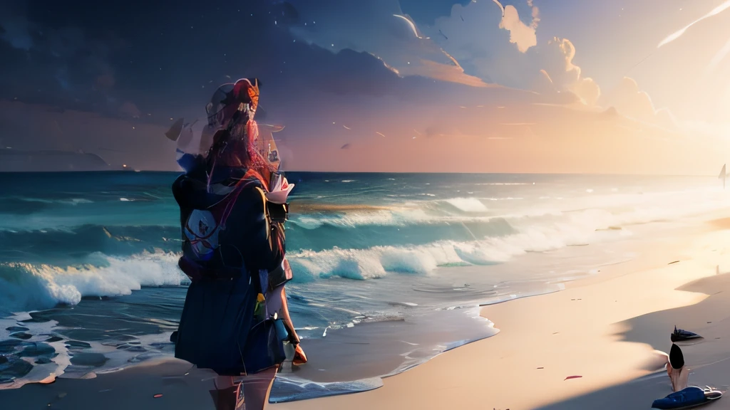 Scenario of an anime girl looking at the horizon on the beach, noite