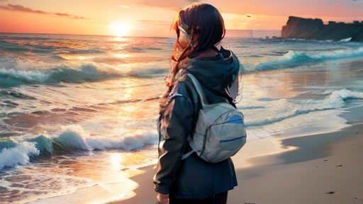 Scenario of an anime girl looking at the horizon on the beach, noite