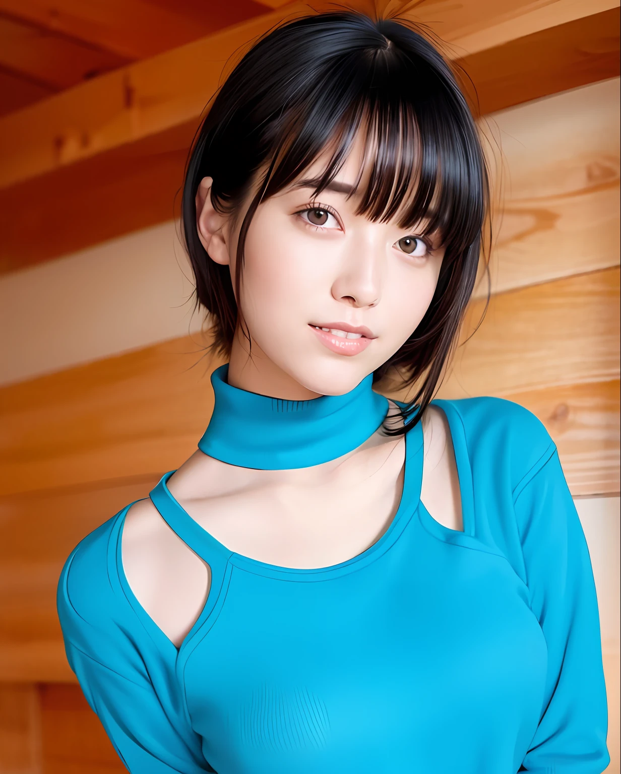 best quality, photorealistic, 8k, high res, 1girl, woman, (skindentation), (professional lighting), (portrait:0.6), (blue turtleneck sweater), gorgeous, (short black hair:1), (looking at the camera), ((looking at viewer:1.5)), (looking at the camera), photorealistic, (bokeh), (portait:0.6), gorgeous, (dynamic pose:1.2), intense lighting to face area, lips, (teeth:1.3), smile,