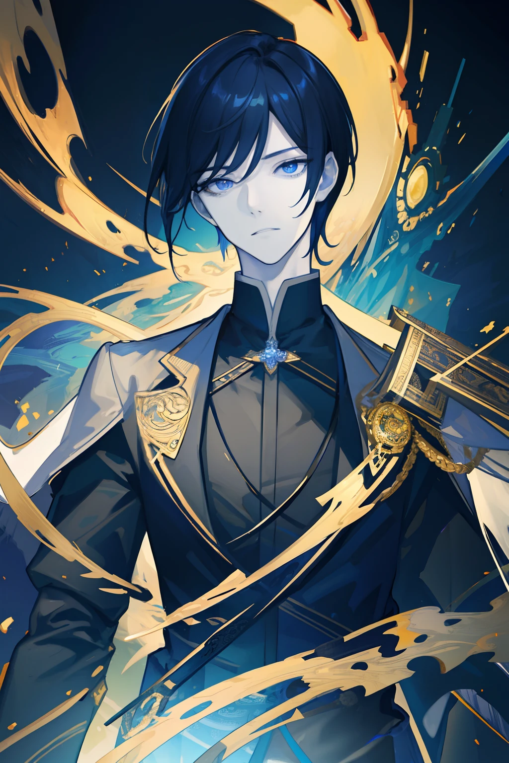 masterpiece, best quality, 1 male, adult, handsome, tall muscular guy, broad shoulders, finely detailed eyes and detailed face, extremely detailed CG unity 8k wallpaper, intricate details, intricate details, long beige hair, wizard, commandant, night, magic effect, flame, top view, from below, depth of field