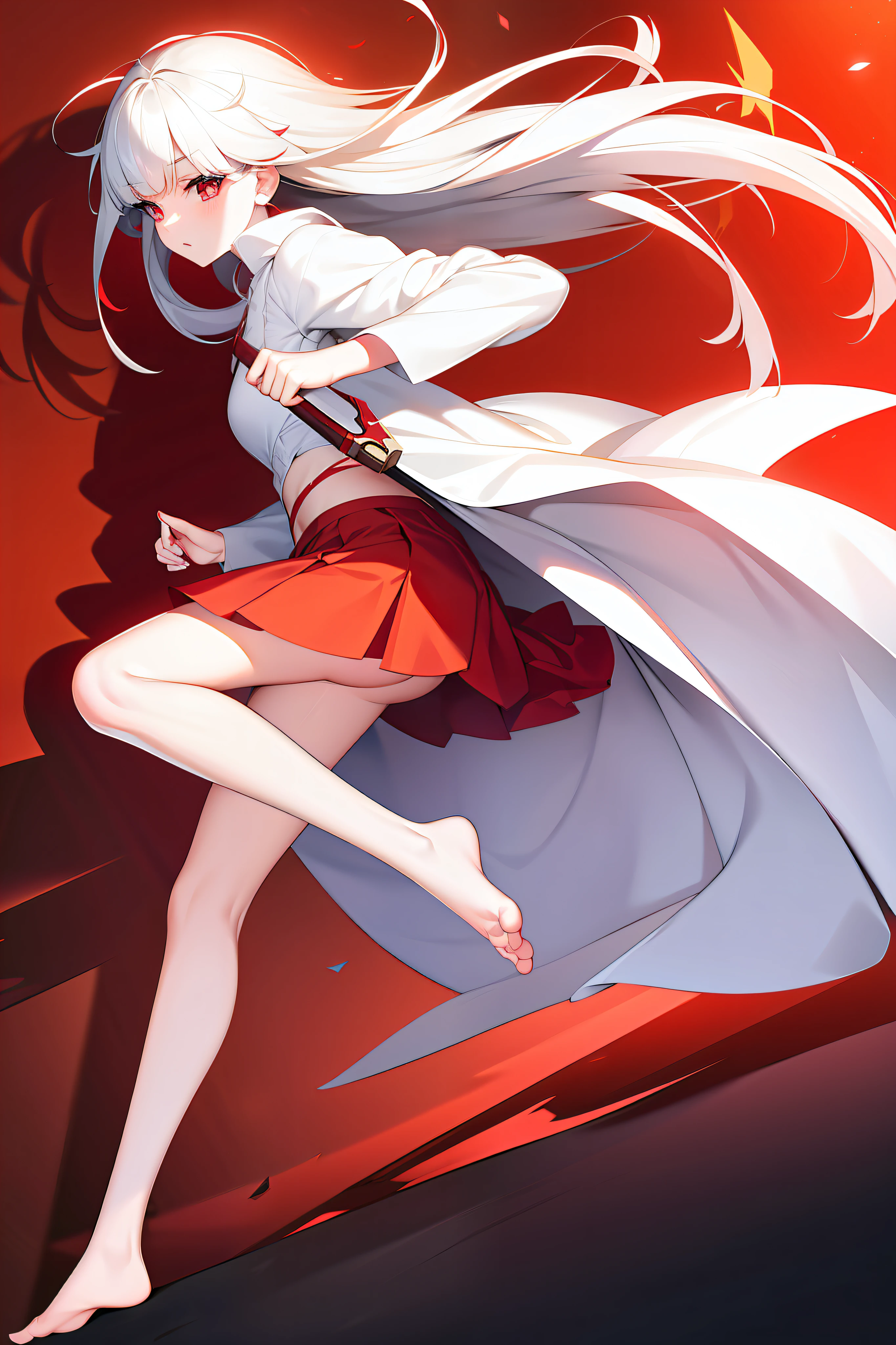 Has pure white hair,Blazing red pupils,Barefoot and wearing a short skirt,without wearing shoes