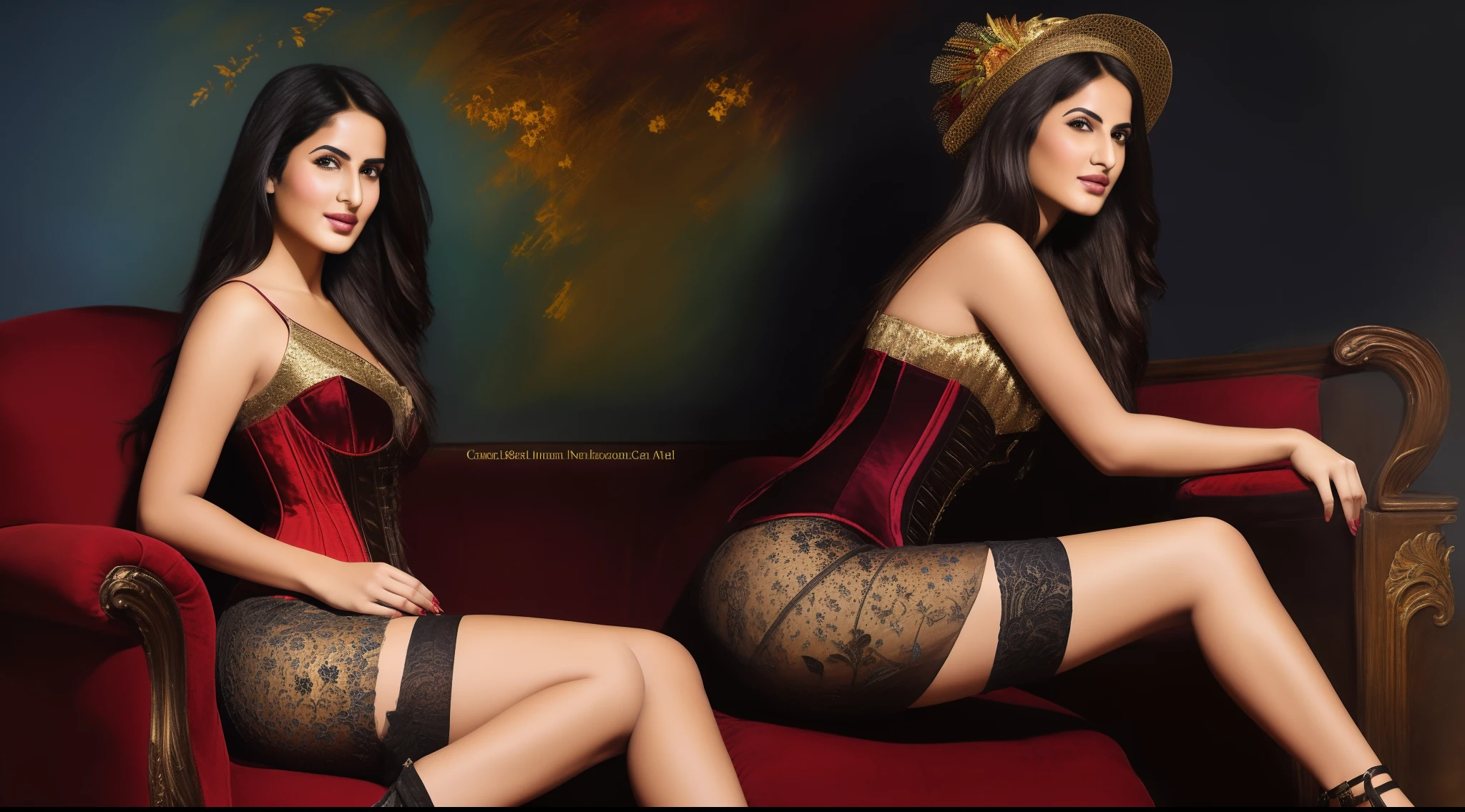 A n Indian top model Girl 18 years old of easy virtue, courtesan, moving in high society, leading a social life and being supported by rich and influential lovers, dressed in an expensive in golden corset, color stockings and a hat with a veil. Indian woman sits in an armchair, in a spacious bright room. Highest quality, masterpiece,( full body portrait:1.2). Painted in impressionist style, colorful explosion psychedelic paint colors, brushstroke painting technique, palette knife painting, an expressive oil painting, painting in the style of Pierre Carrier-Belleuse, large strokes
