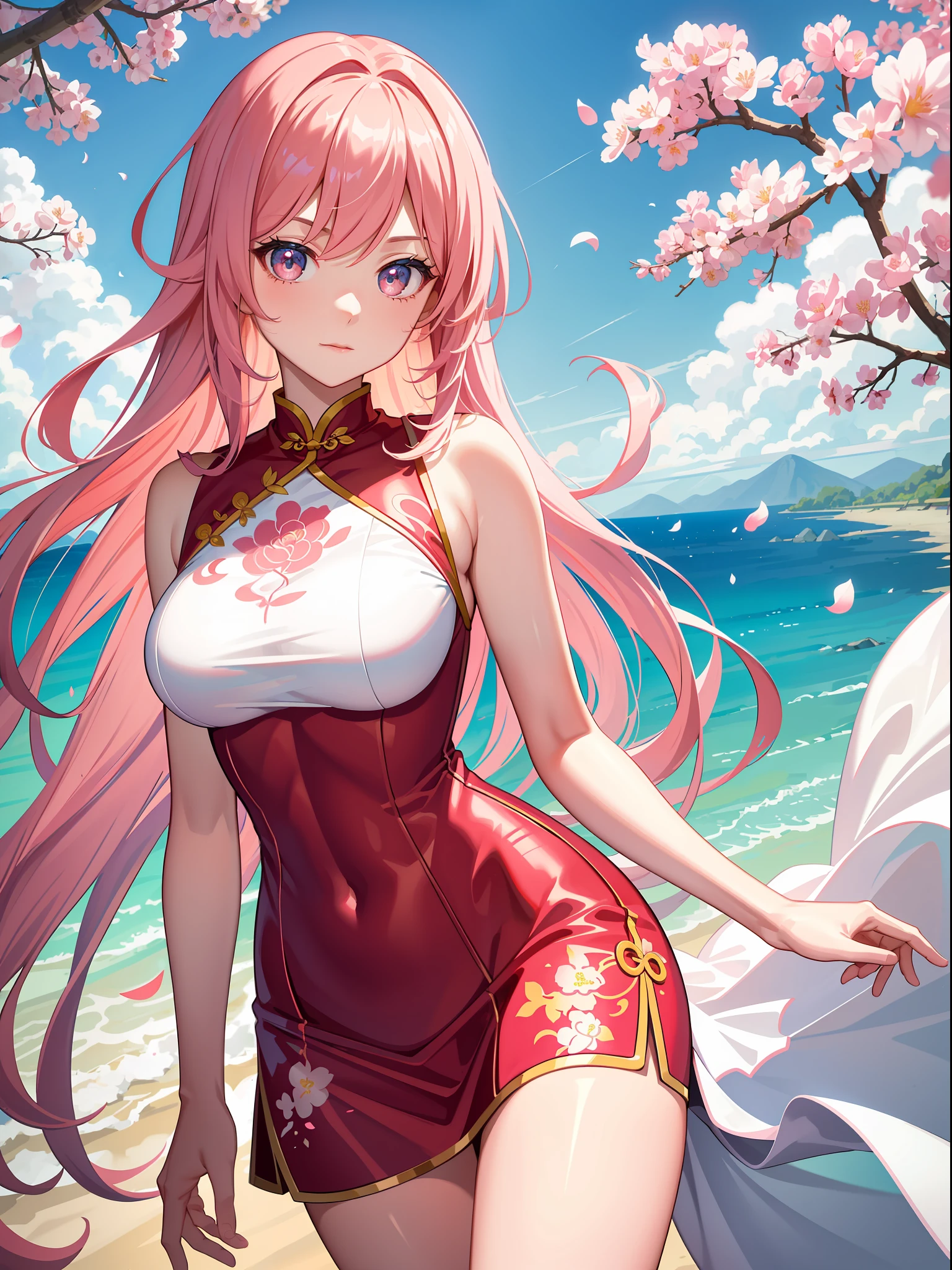 （best qualtiy），tmasterpiece，1个Giant Breast Girl，on cheongsam，Medium breasts，（beautidful eyes：1.2）Beautiful face，Pink hair，with light glowing，Petals float in the sky，The background is a sea of flowers