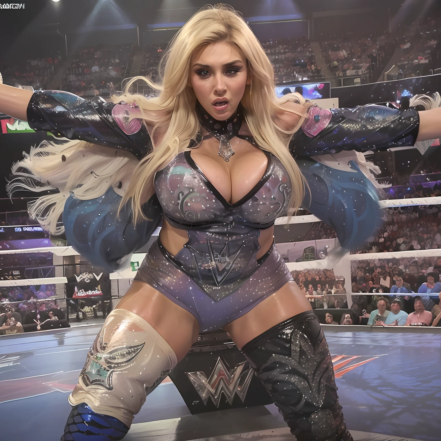 (masutepiece:1.1, Best Quality:1.1), Photorealistic, (High resolution, 32K HDR) (Wallpaper:1.15, Cinematic lighting, (Detailed face:1.1, Detailed eyes:1.05), Ultra-realistic skin texture, (exposed ultra huge breasts:1.8, Real :1.5), (Ultra realistic sexy pictures of Charlotte Flair:_WWE Wrestlers:1.4), (Fighting pose with angry face in the ring:1.25, In realistic wrestler ring:1.1), (outfit: Realistic female wrestler costumes:1.35), (Full body shot:1.05),