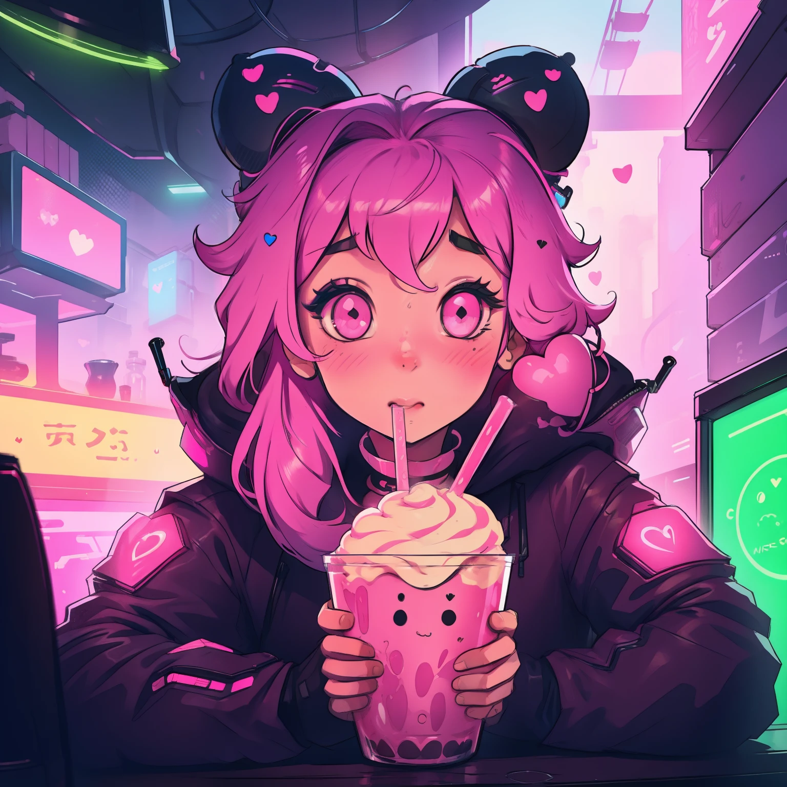 Girl kawai manga , cyberpunk pink , cute, fone de ouvido, milkshake detalhe, Neon hearts