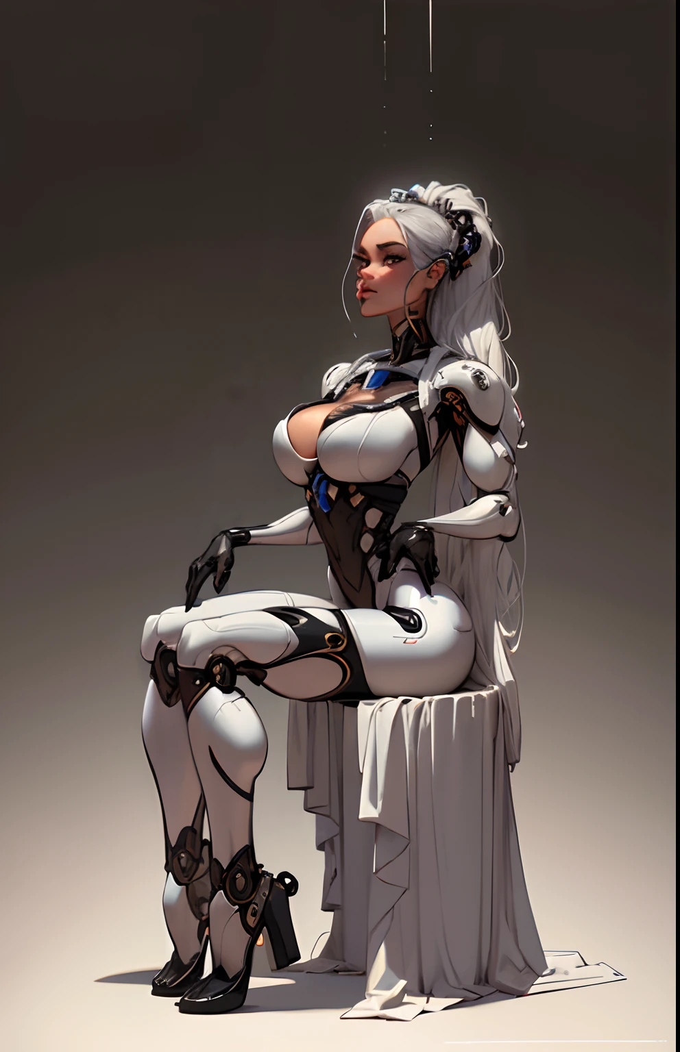 complex 3d render ultra detailed of a beautiful porcelain profile woman android face, cyborg, robotic parts, 150 mm, beautiful studio soft light, rim light, metallic exoskeleton spine, vibrant details, luxurious cyberpunk, lace, hyperrealistic, anatomical, facial muscles, cable electric wires, microchip, elegant, beautiful background, octane render, H. R. Giger style, 8k, best quality, masterpiece, illustration, an extremely delicate and beautiful, extremely detailed ,CG ,unity ,wallpaper, (realistic, photo-realistic:1.37),Amazing, finely detail, masterpiece,best quality,official art, extremely detailed CG unity 8k wallpaper, absurdres, incredibly absurdres, robot, silver halmet, full body, sitting