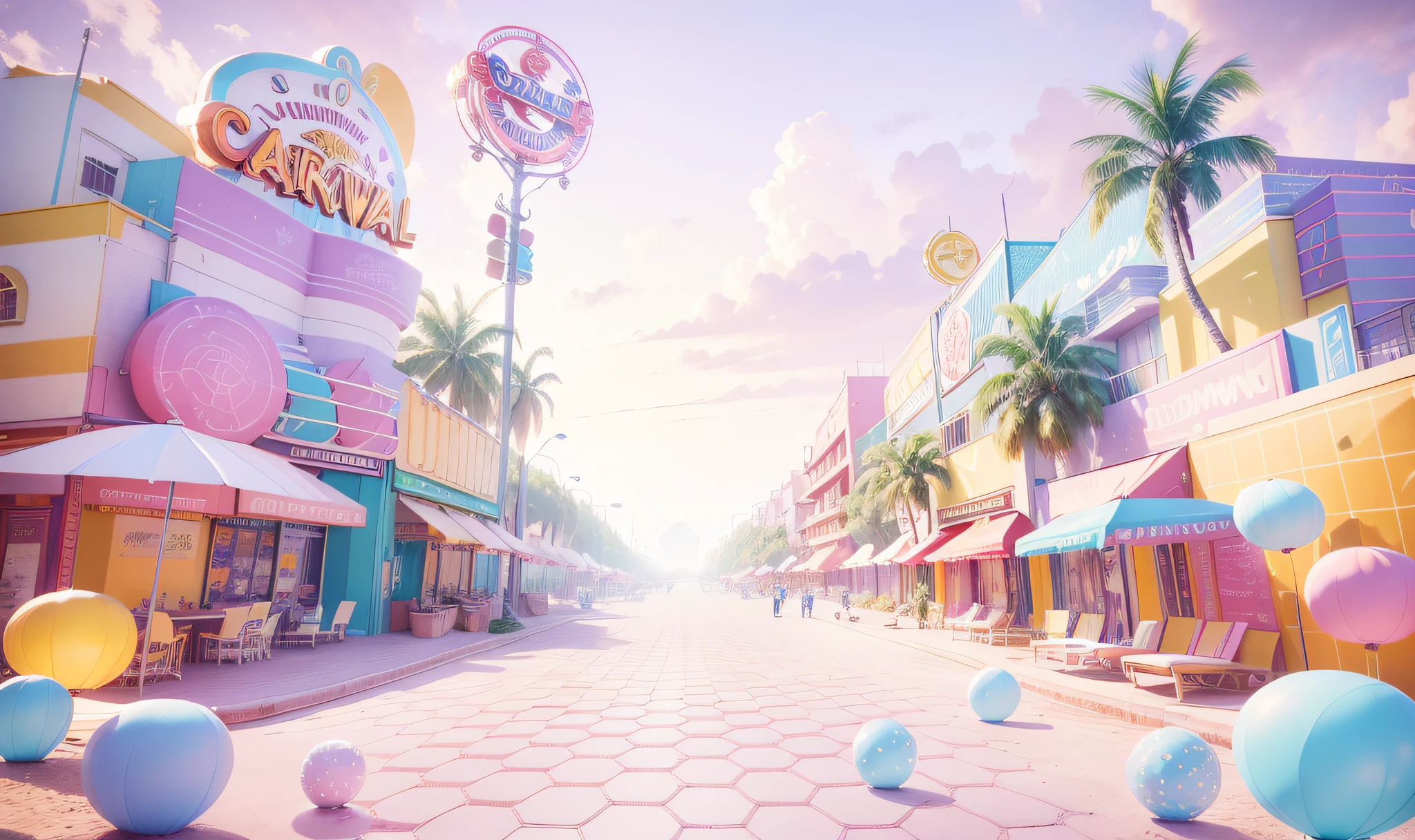 Paradise world/Carnival City,3Drenderingof,Dopamine Mood Paradise,Summer carnival style,Lovely and sophisticated building,shop,Premium texture,high-class details,Studio lights