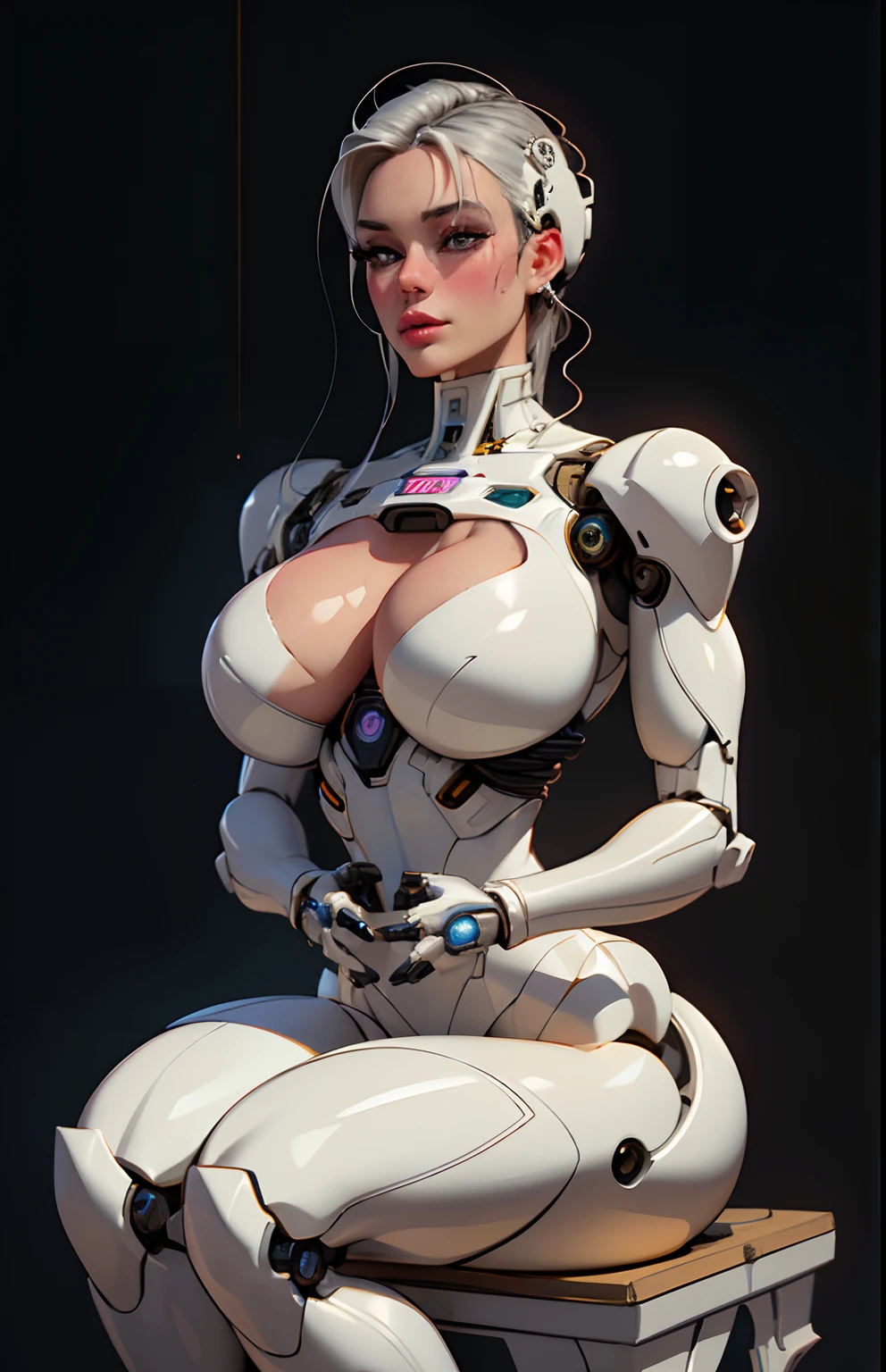 complex 3d render ultra detailed of a beautiful porcelain profile woman android face, cyborg, robotic parts, 150 mm, beautiful studio soft light, rim light, vibrant details, luxurious cyberpunk, lace, hyperrealistic, anatomical, facial muscles, cable electric wires, microchip, elegant, beautiful background, octane render, H. R. Giger style, 8k, best quality, masterpiece, illustration, an extremely delicate and beautiful, extremely detailed ,CG ,unity ,wallpaper, (realistic, photo-realistic:1.37),Amazing, finely detail, masterpiece,best quality,official art, extremely detailed CG unity 8k wallpaper, absurdres, incredibly absurdres, robot, silver halmet, full body, sitting