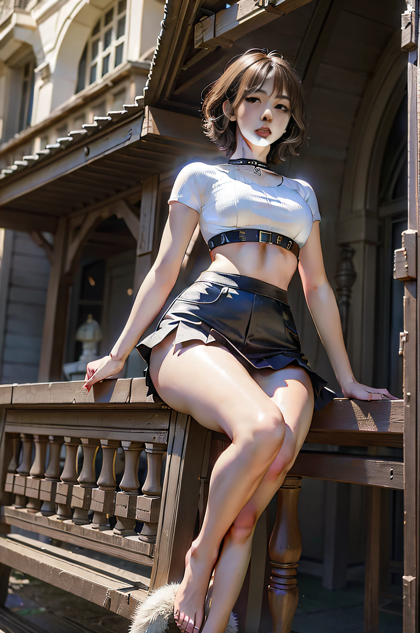 (RAW photo:1.2), (photorealistic:1.4) (masterpiece:1.3) (best quality:1.4), ultra high res, (de tailed eyes) (detailed facial features) (detailed clothes features) HDR,8k resolution, solo focus, bangs, skin tight, (shiny skin), (slender girl), dreamlike, (extreme detailed illustration), virtual world scenery, VirtualGirl-Rin, small breasts, bob hair, short hair, brown hair, brown eyes, 1girl, upper body, White super tight translucid mini skirt, armored short sleeve crop top