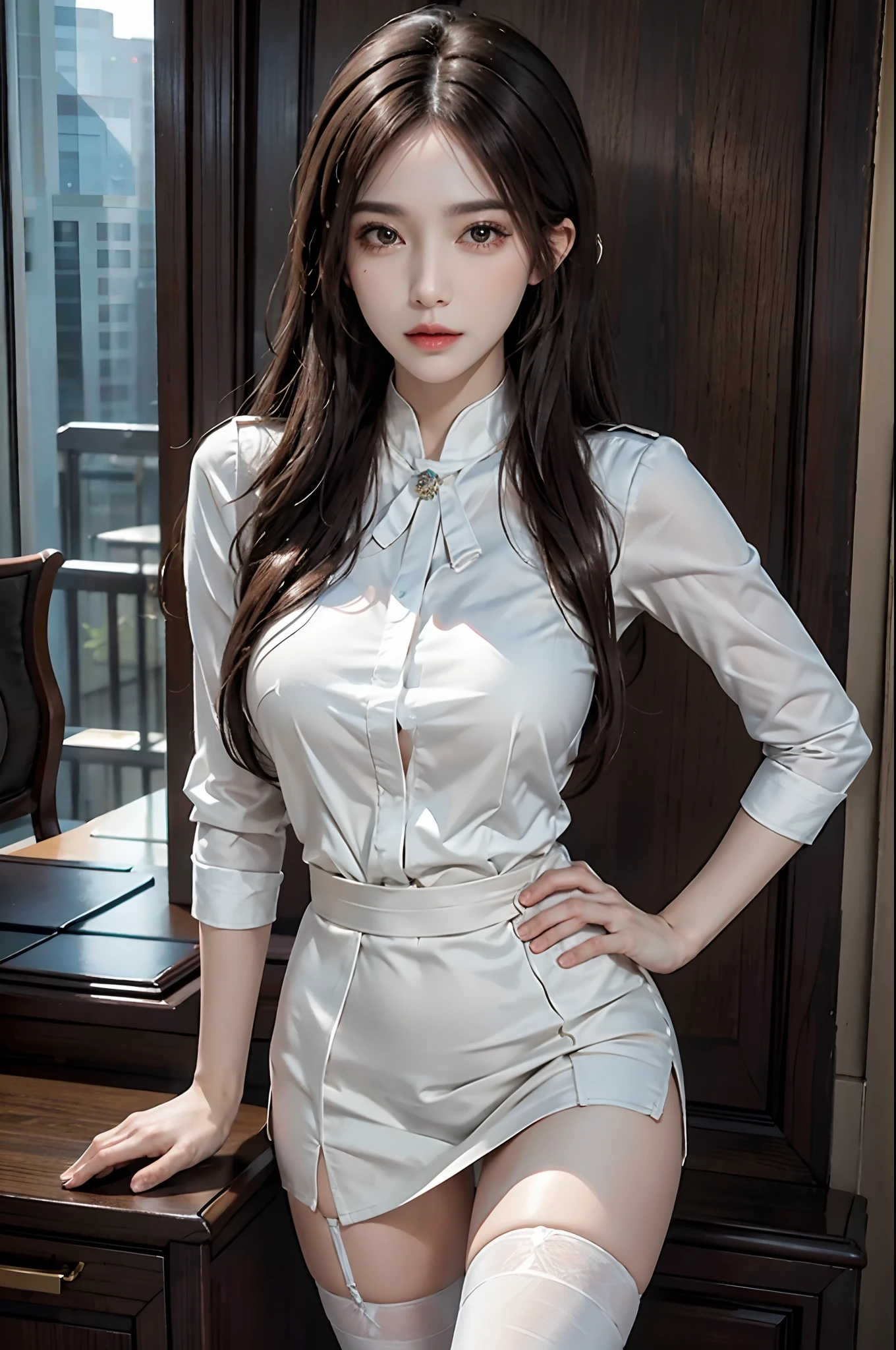 photorealistic, high resolution, soft light,1women, solo, hips up, look at viewer, (detailed face), long hair, secretary_uniform, thighhighs, garter belt, tattoo, jewelry